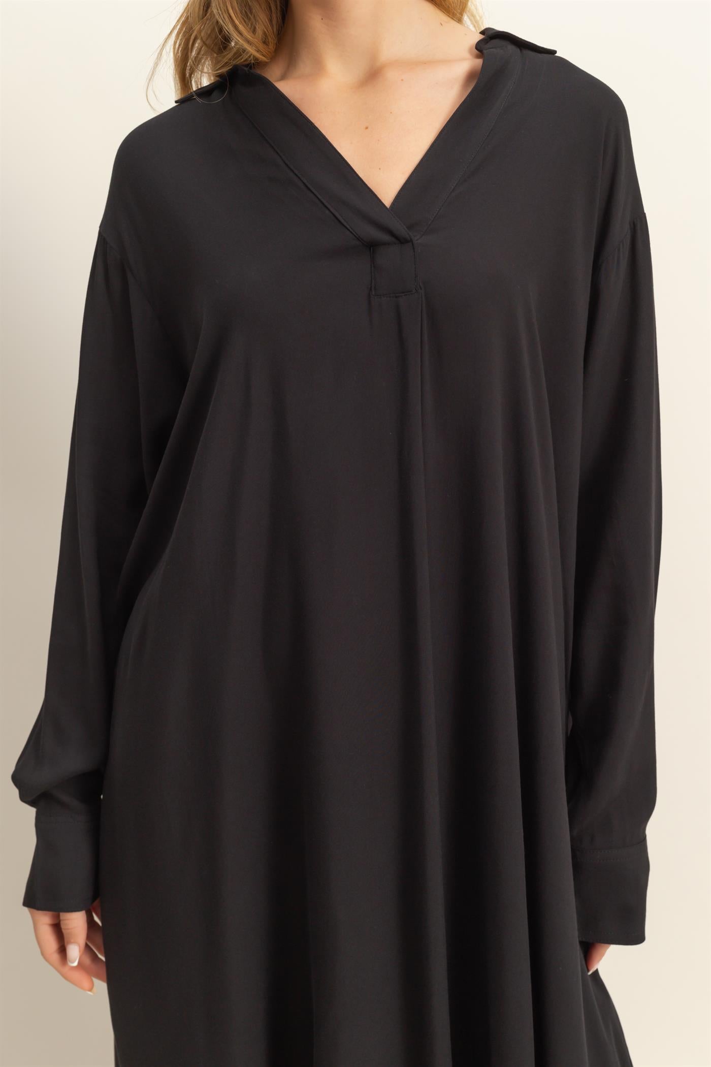 Wholesale V-Neck Long Sleeved Midi Shirts Dress Dresses DZ24E706 BLACK DOUBLE ZERO
