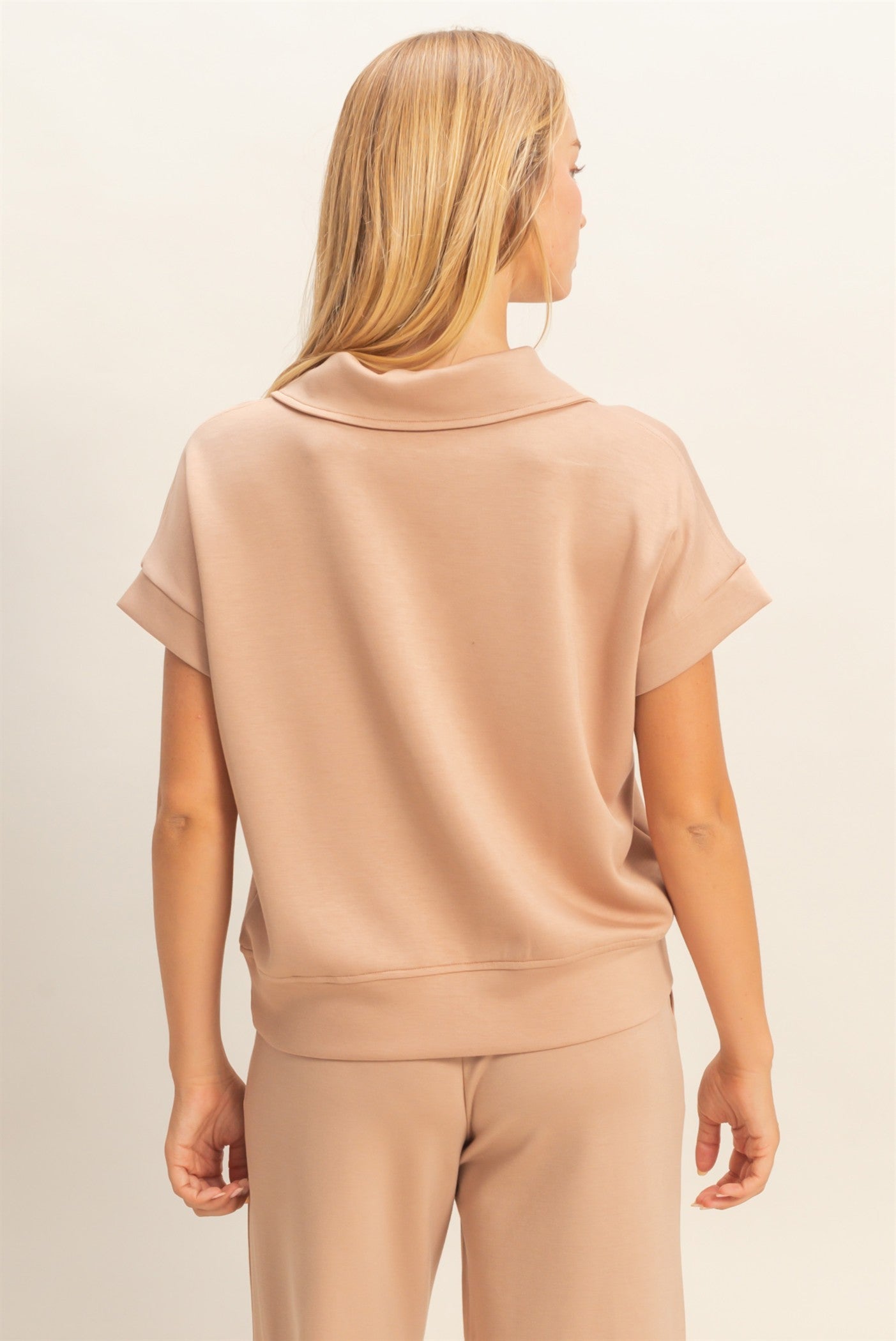 Wholesale Short Sleeve High Neck Half-Zip Top Clothing Tops DZ26C735 DARK TAUPE DOUBLE ZERO