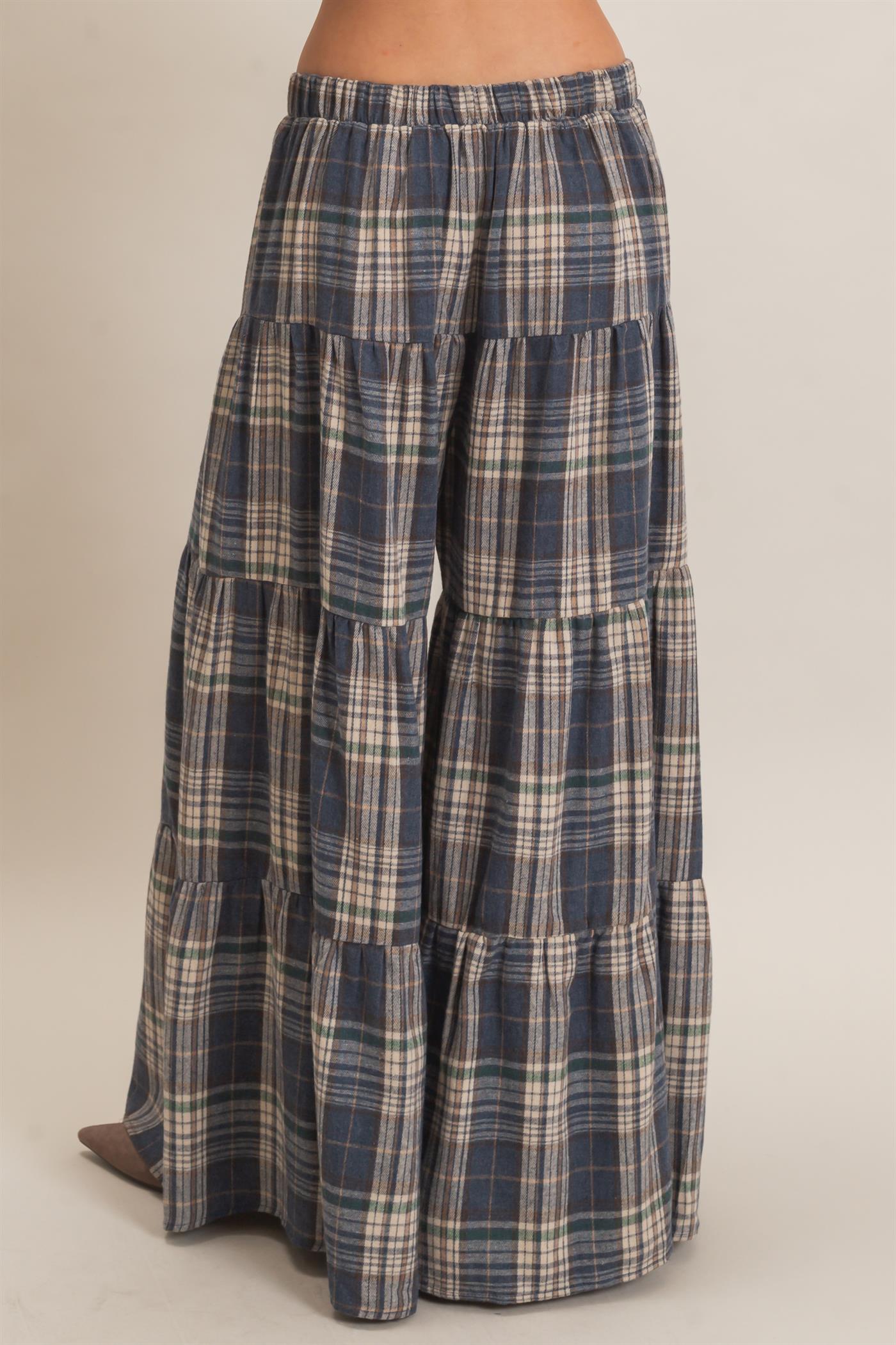 Wholesale Tiered Plaid Wide-Leg Pants Pants HF26E042 BLUE HYFVE