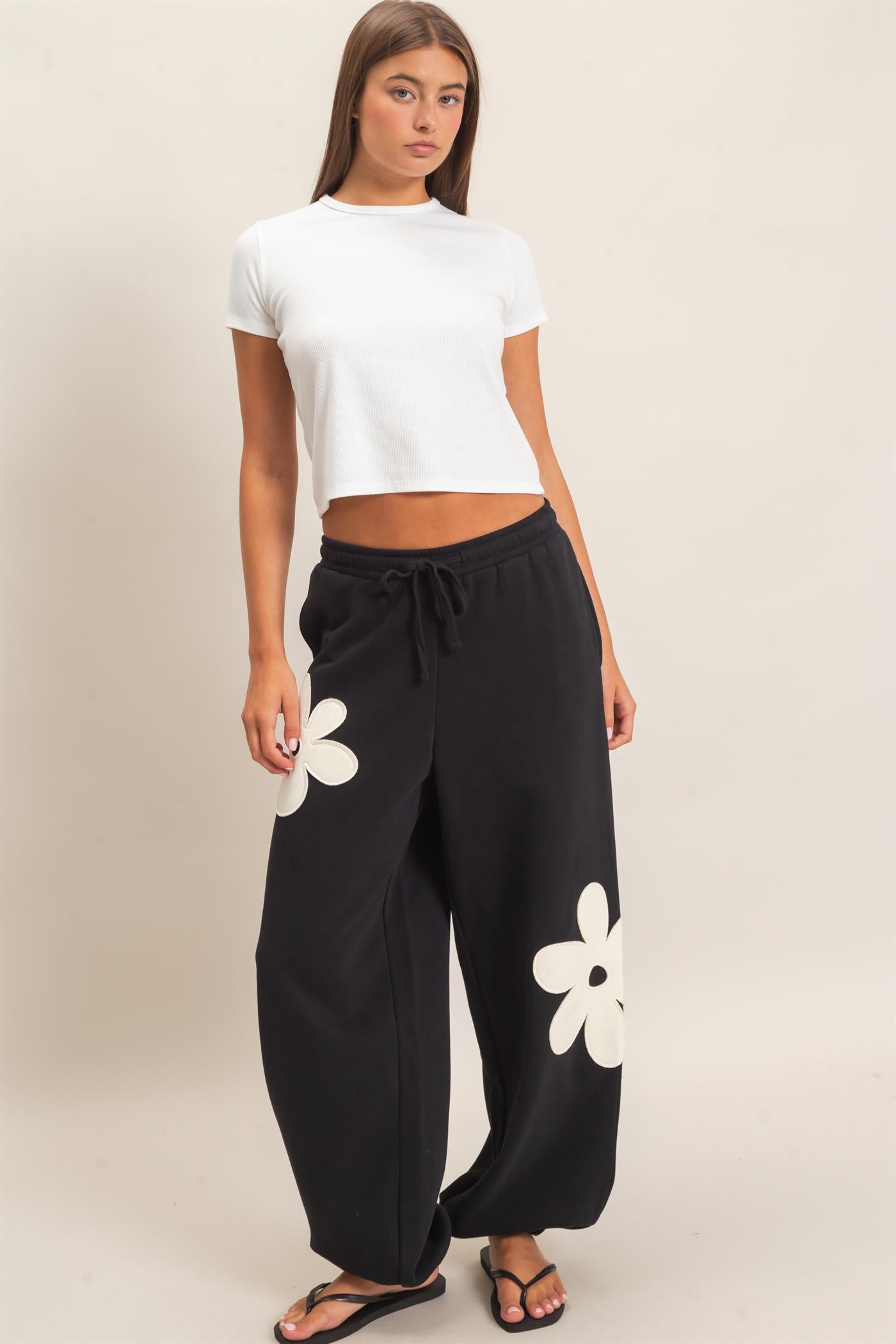 Wholesale Floral Applique Drawstring Jogger Pants Joggers DZ26F308 BLACK DOUBLE ZERO