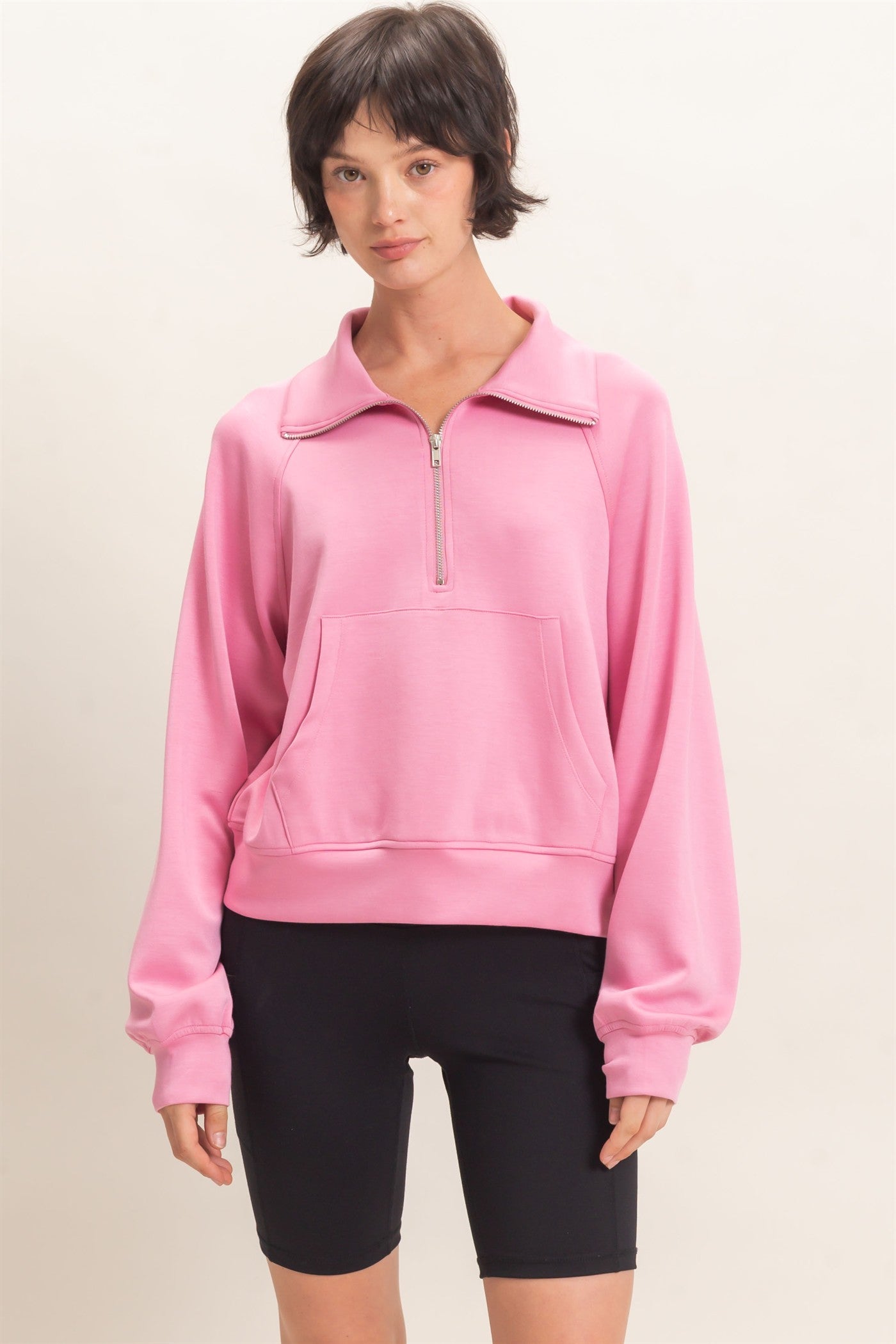Wholesale Half-Zip Collar Raglan Pullover Sweatshirts DZ26C967 PINK DOUBLE ZERO