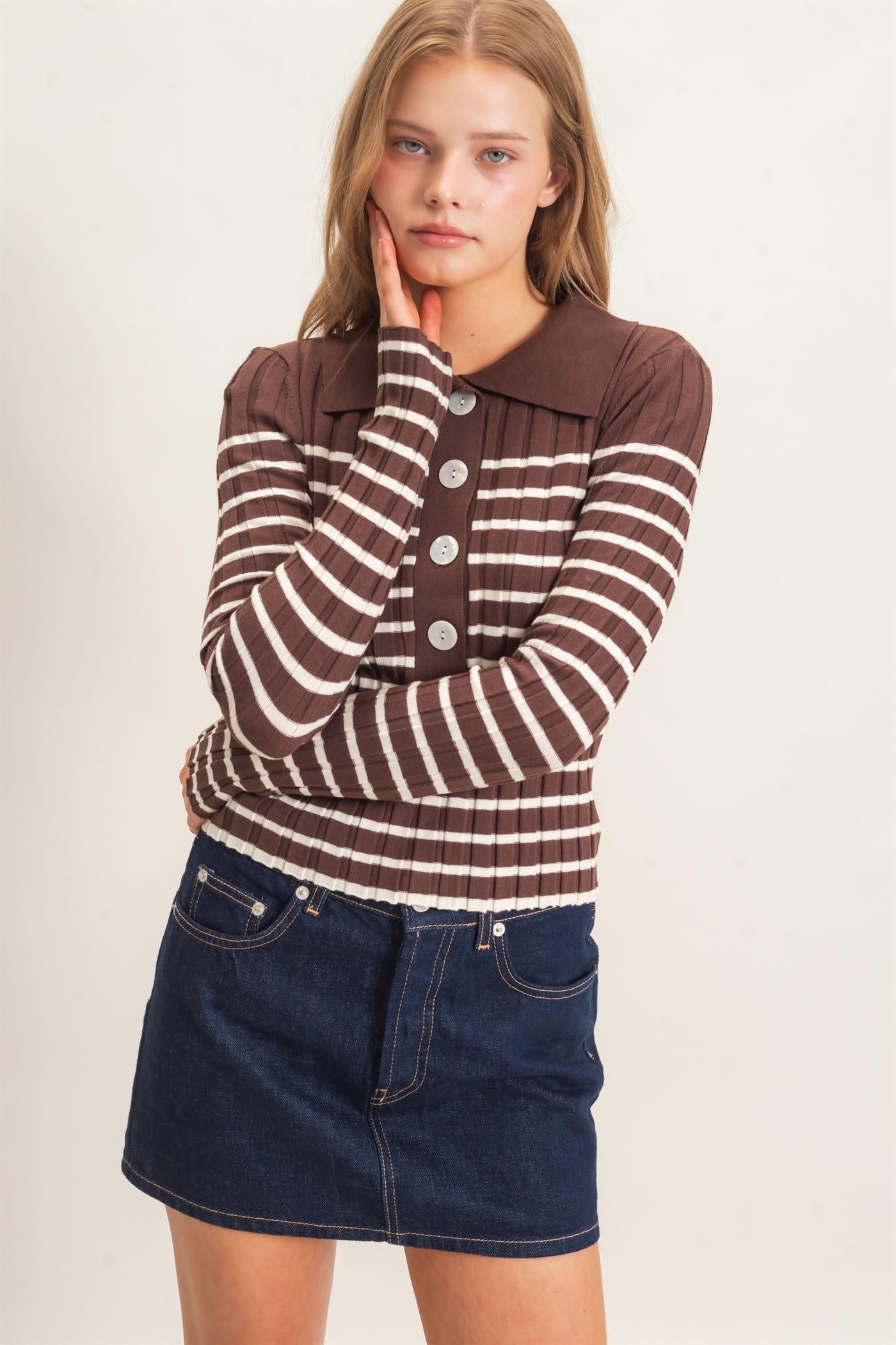 Wholesale Ribbed Collared Sweater Sweaters HF26E534 CHESTNUT HYFVE