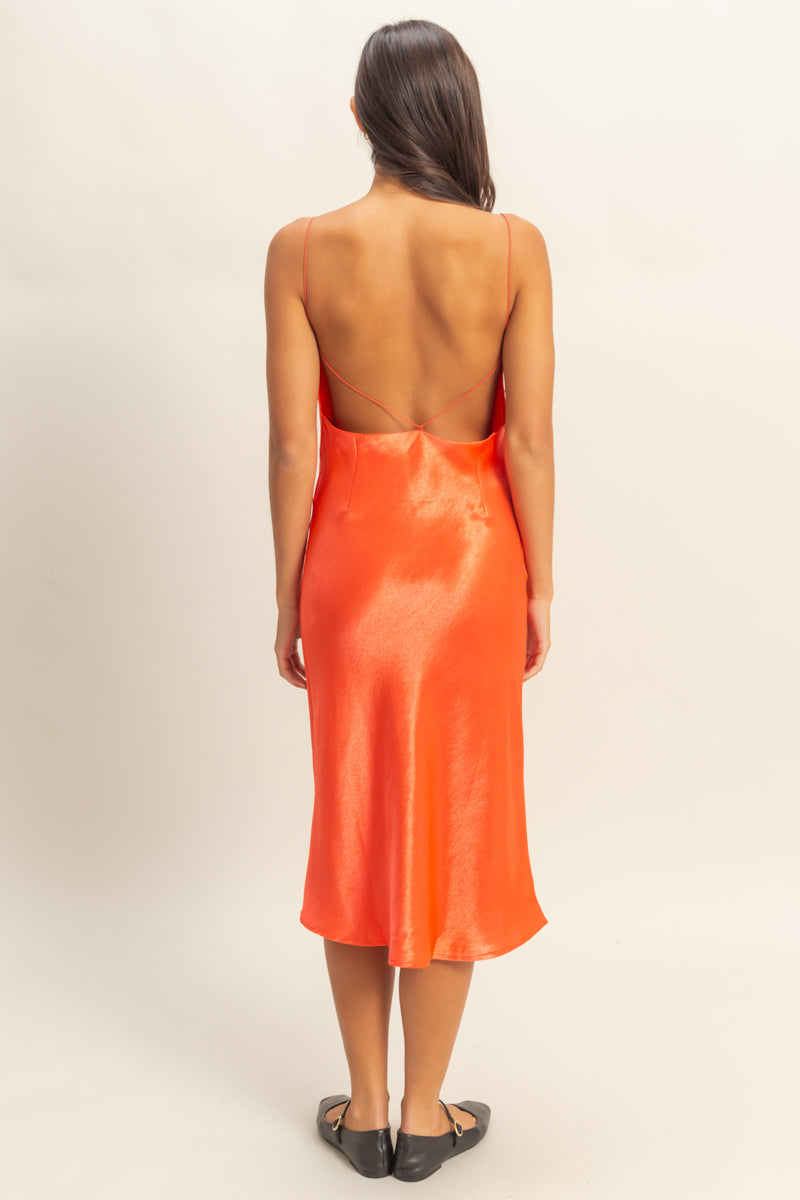 Wholesale Cowl Neck Satin Midi Dress Dresses DZ22A734 NEON RED DOUBLE ZERO