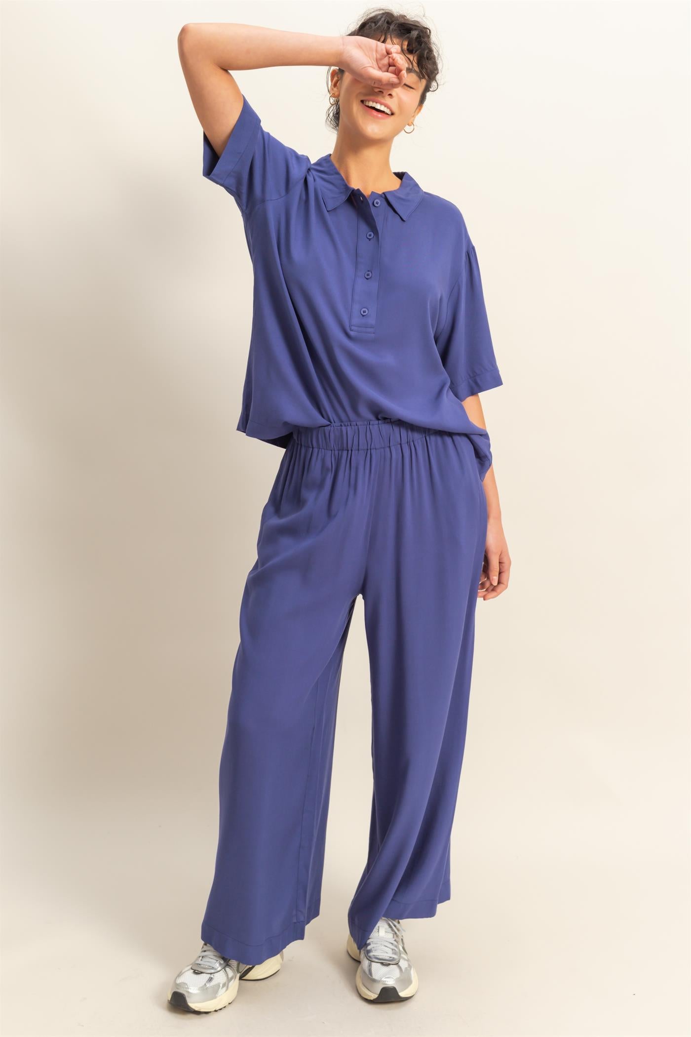 Wholesale High Waist Woven Wide Leg Pants Pants DZ25C192 DUSTY INDIGO DOUBLE ZERO
