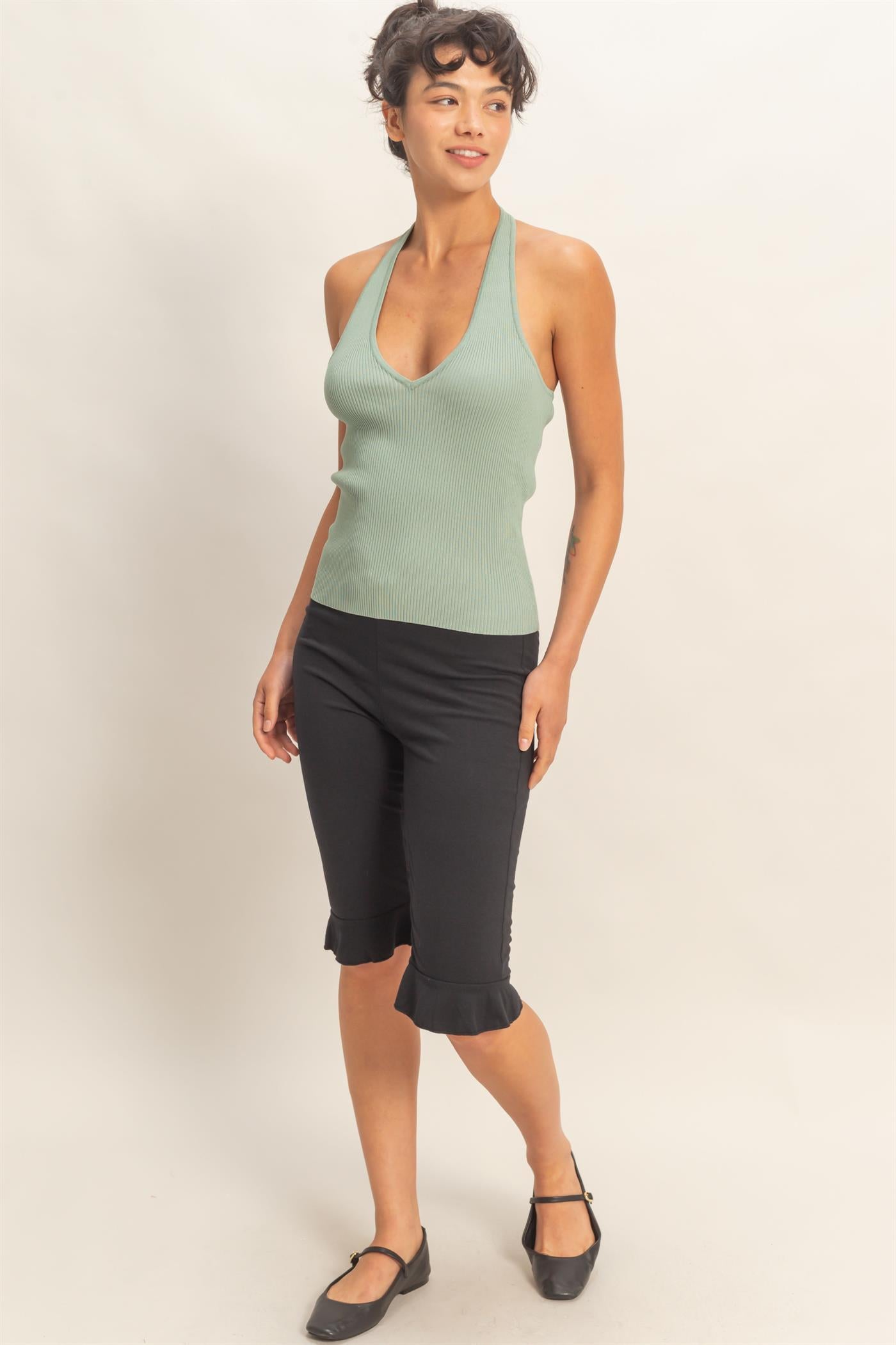 Wholesale Ribbed Halter Neck Top Clothing Tops DZ26C628 SAGE GREEN DOUBLE ZERO