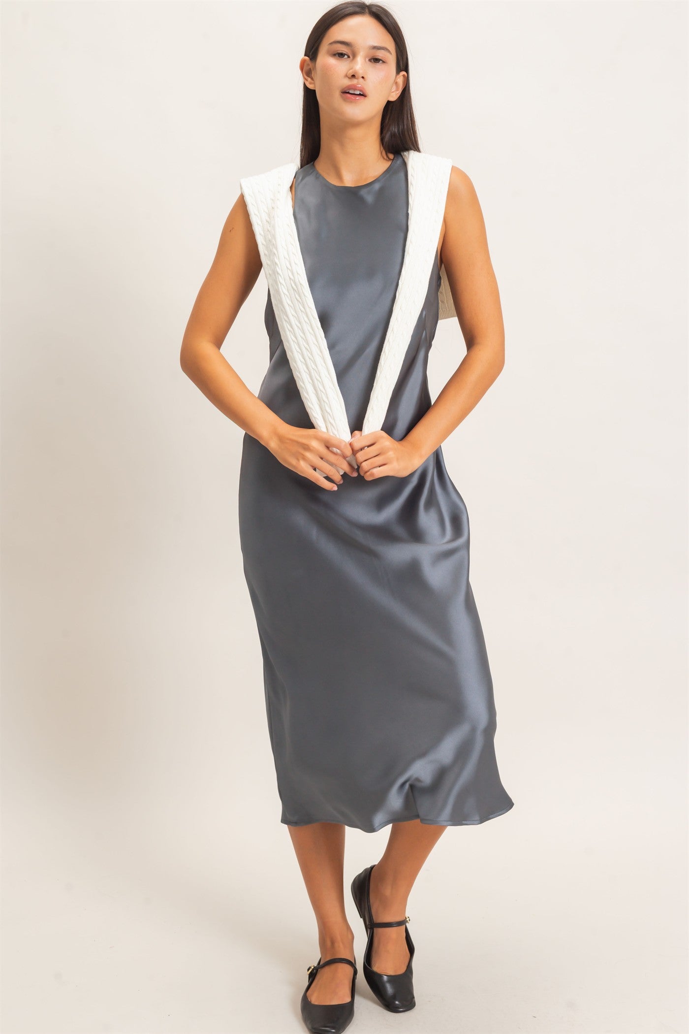 Wholesale Sleeveless Satin Midi Dress Dresses DZ26E257 DARK GRAY DOUBLE ZERO