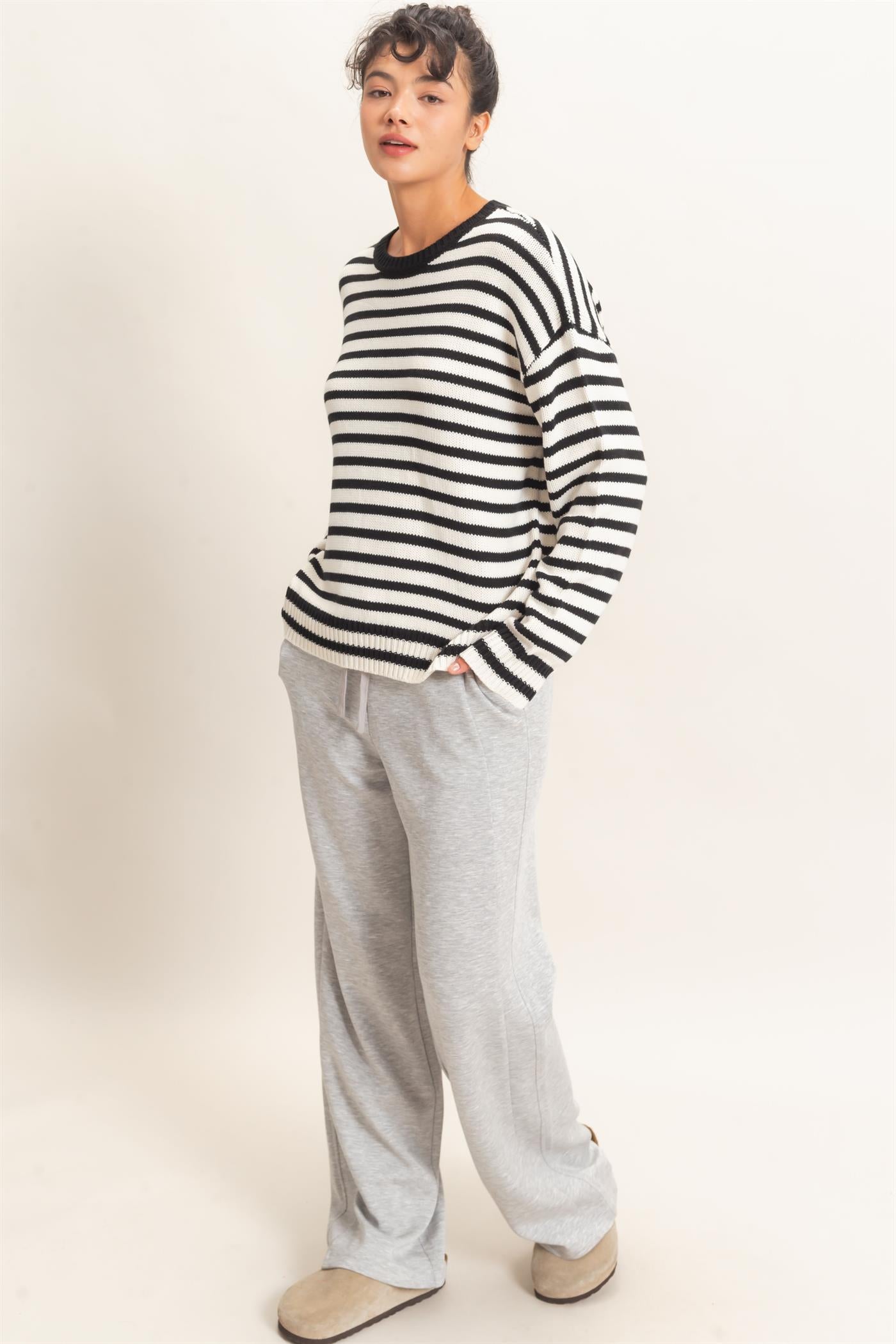 Wholesale Striped Crew Neck Sweater Sweaters DZ26E237 BLACK DOUBLE ZERO