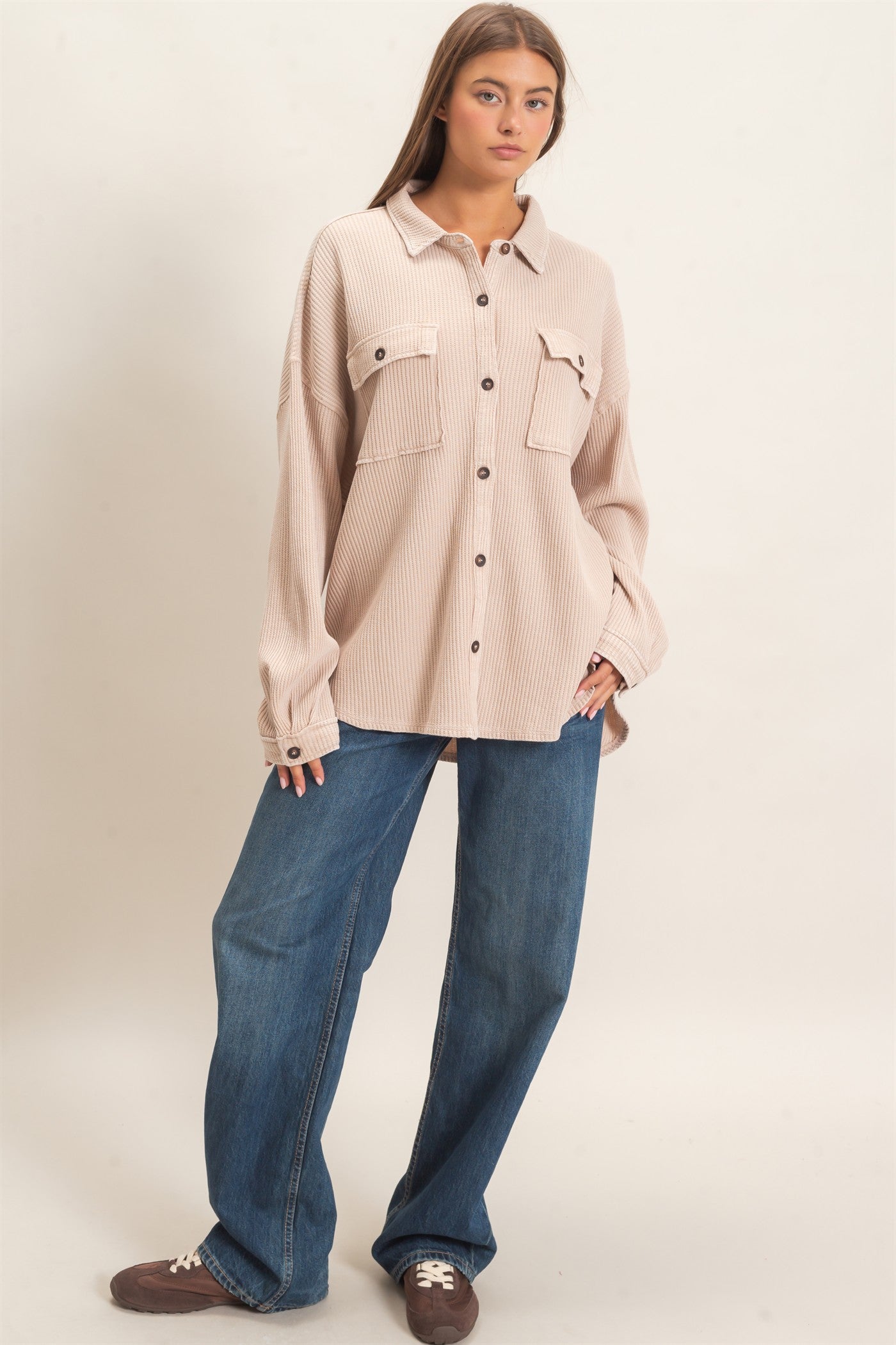 Wholesale Mineral Wash Waffle Knit Button-Up Shacket Coats & Jackets DZ26E249 DARK TAUPE DOUBLE ZERO