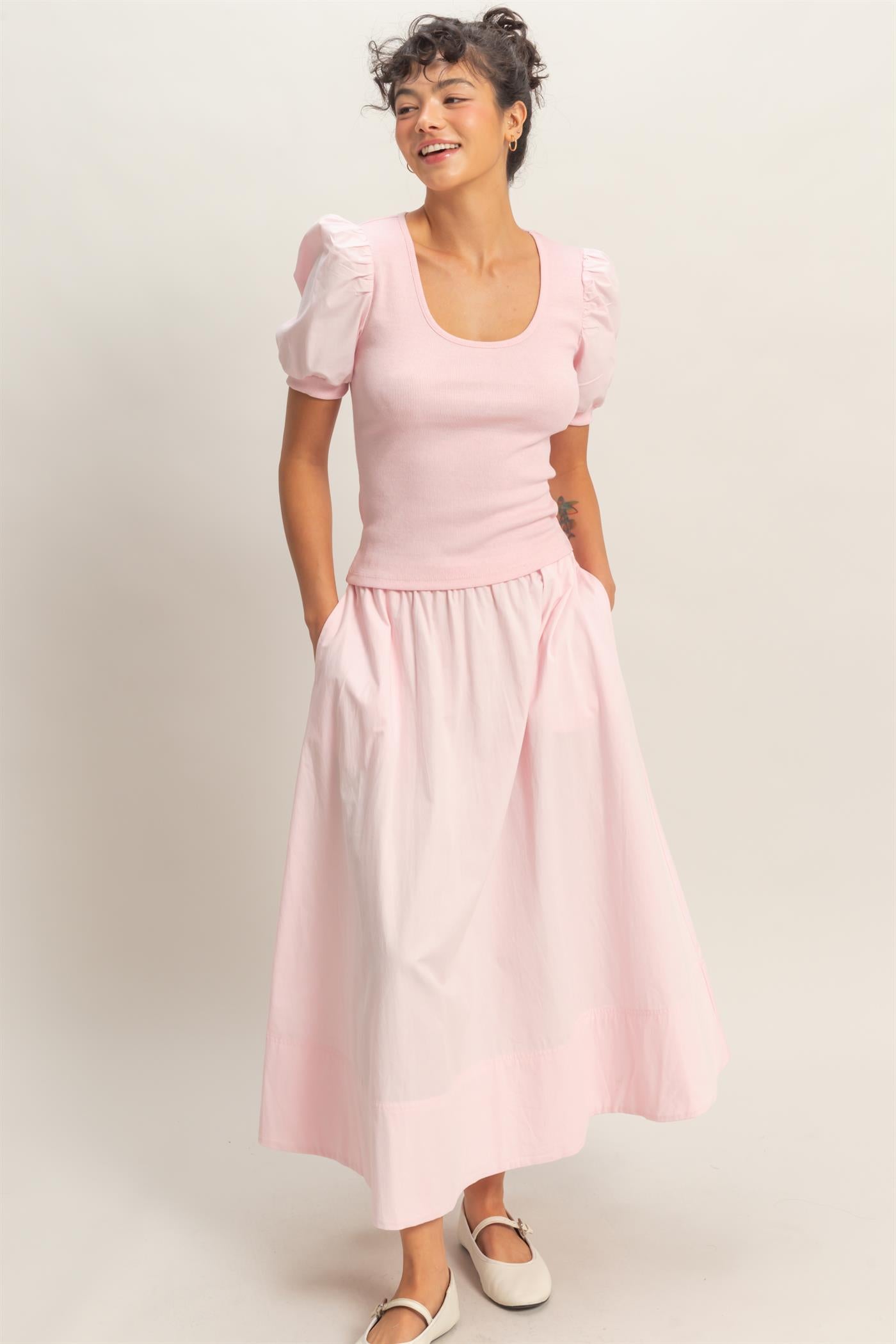 Wholesale Ribbed Puff Sleeve Scoop Neck Top Clothing Tops DZ26C071 SOFT PINK DOUBLE ZERO