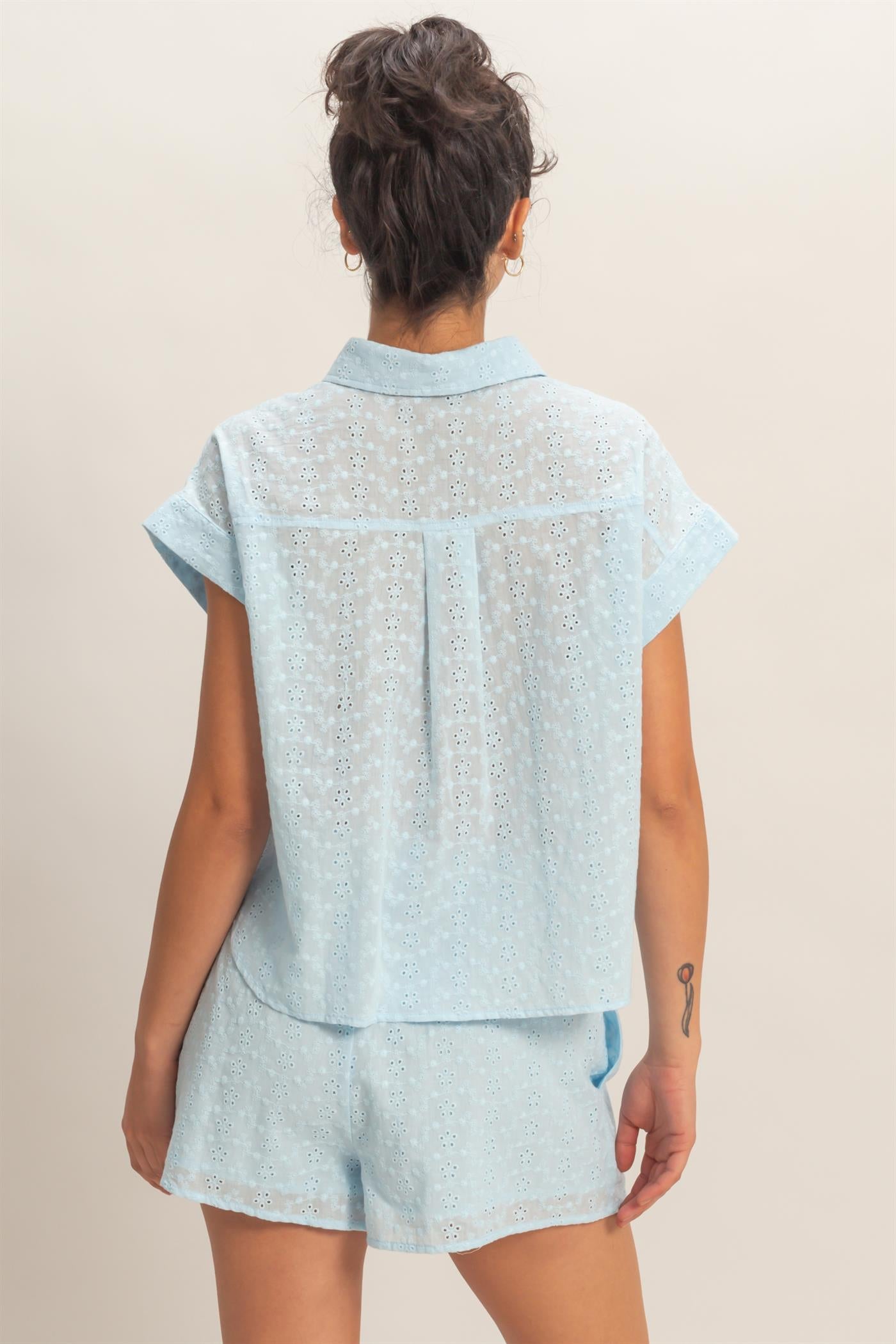 Wholesale Eyelet Dolman Short Sleeve Button Up Shirt Clothing Tops DZ26C088 ICE BLUE DOUBLE ZERO