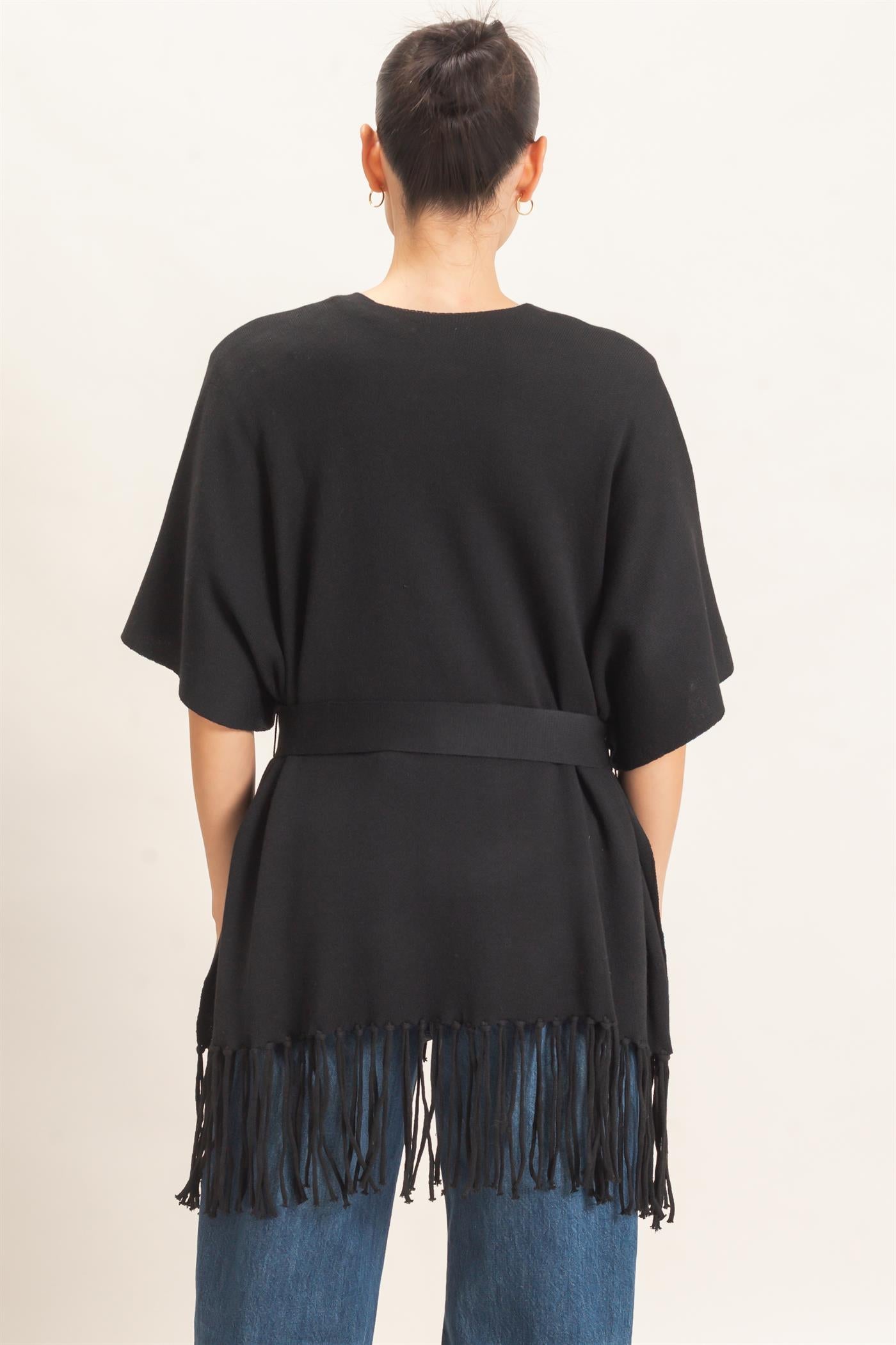 Wholesale Fringe Hem Kimono Sweater Kimonos HF26E041 BLACK HYFVE