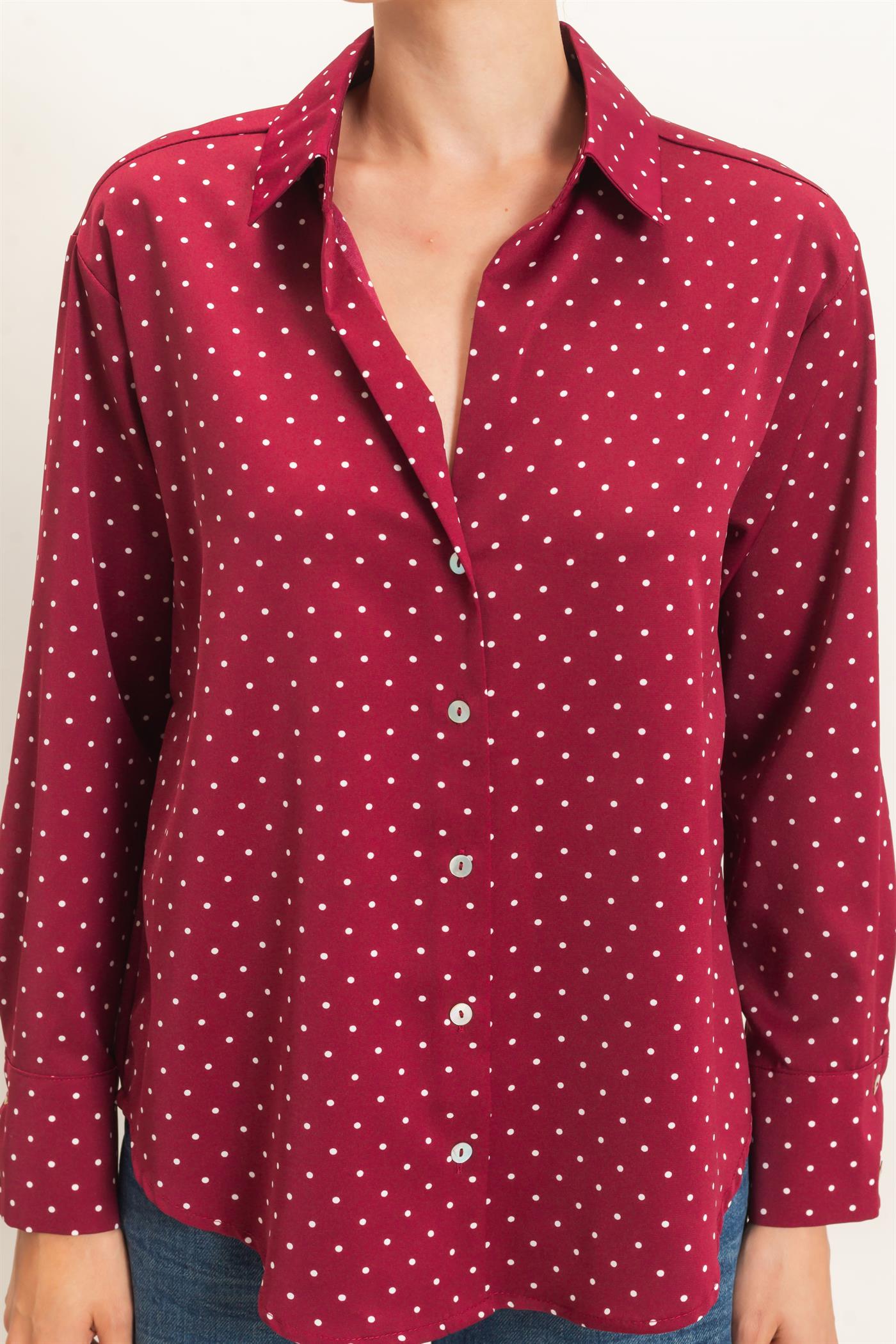 Wholesale Button-Up Polka Dot Shirt Shirts HF26F401 BURGUNDY HYFVE