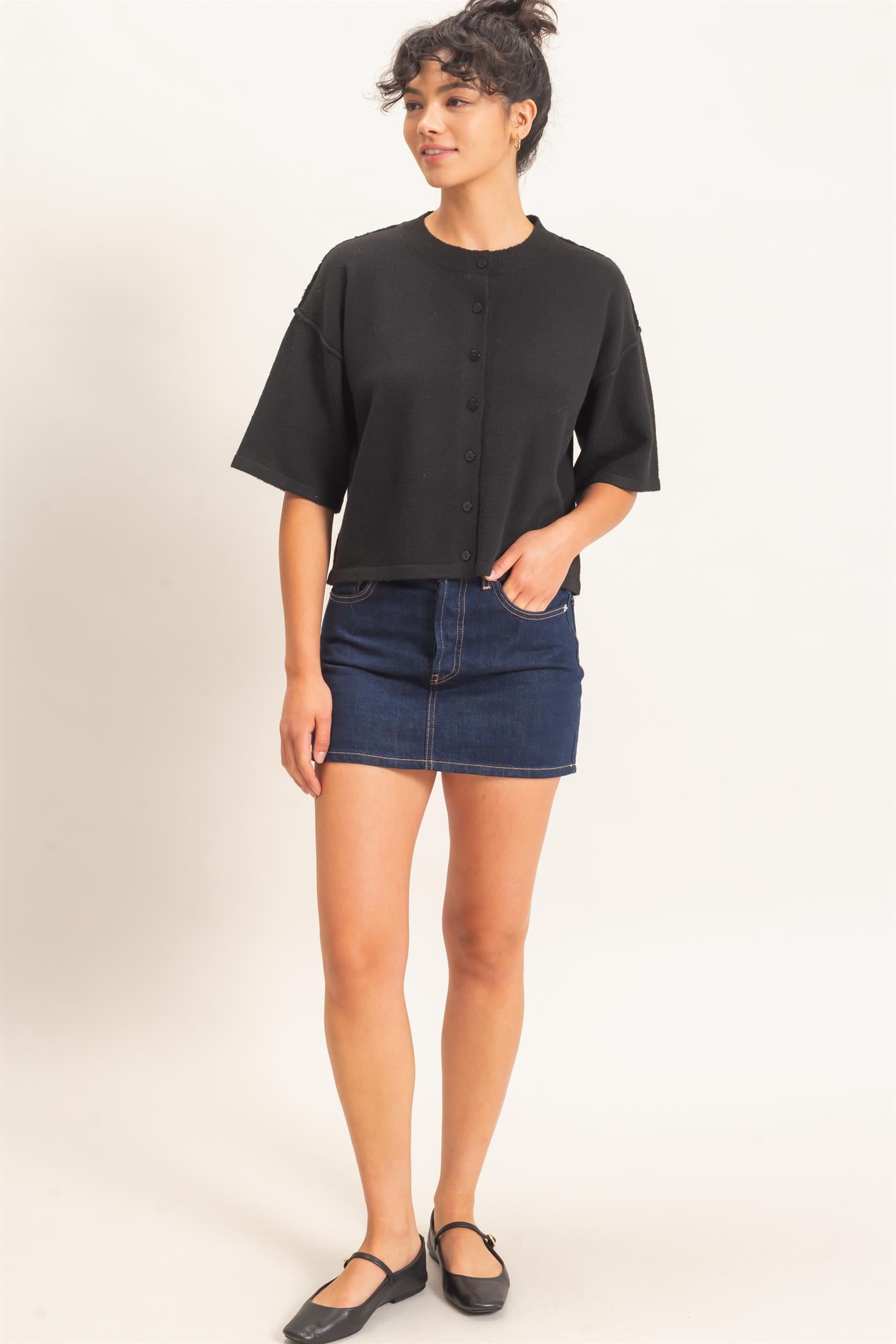 Wholesale Drop Shoulder Short Sleeve Cardigan Cardigans DZ26E238 BLACK DOUBLE ZERO