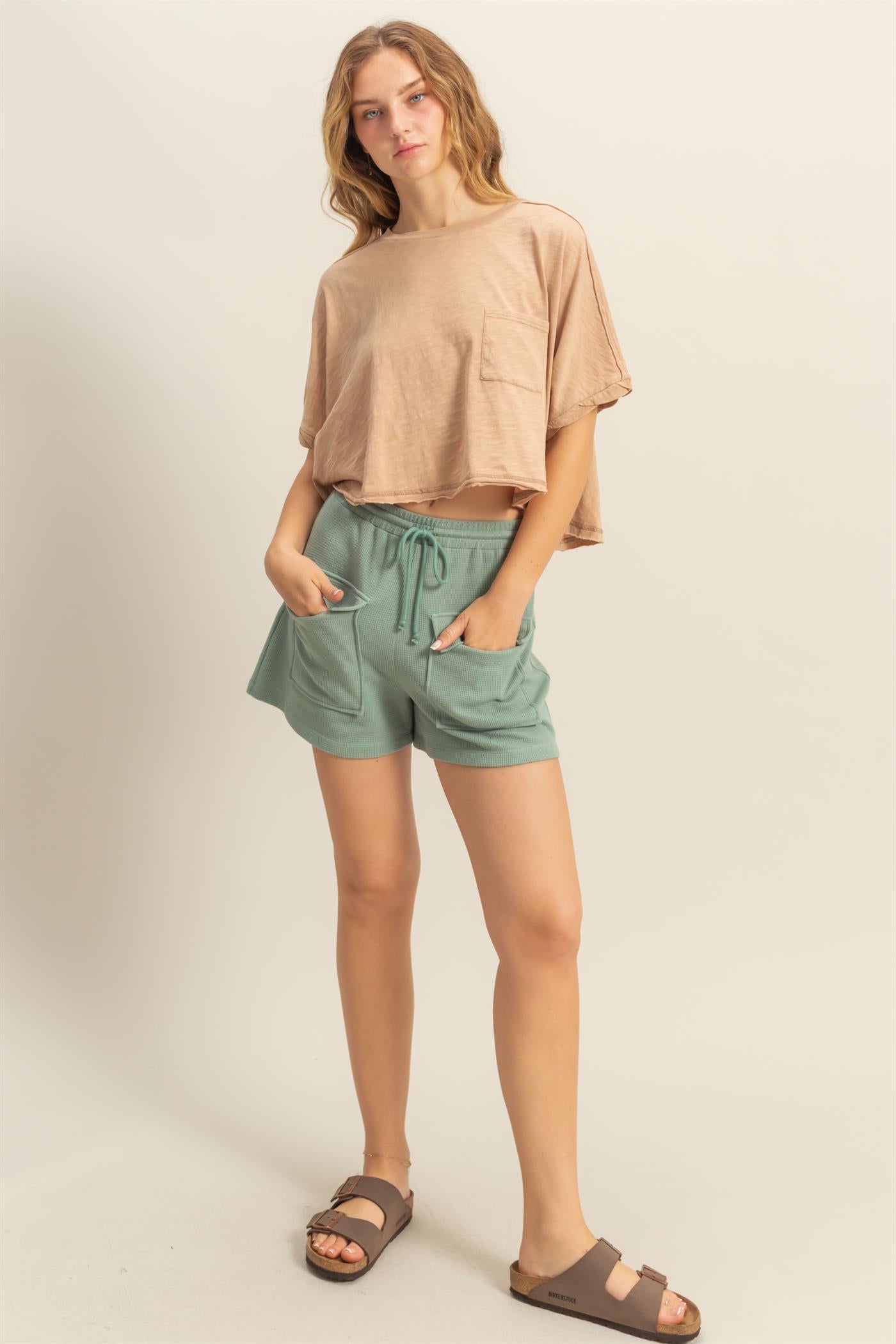 Wholesale Waffle Knit Front Pocket Shorts Shorts DZ25A793 SAGE GREEN DOUBLE ZERO