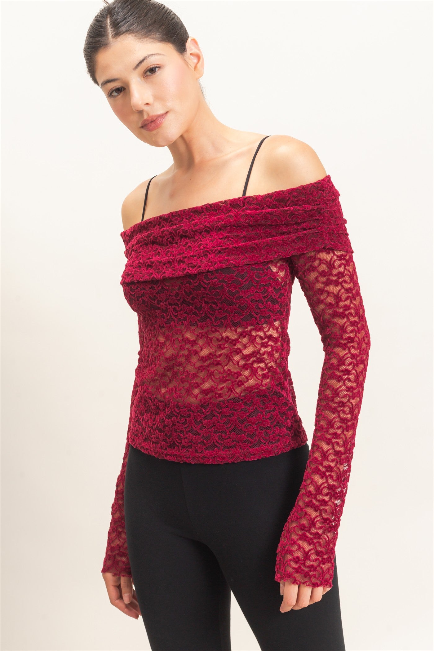 Wholesale Off-Shoulder Lace Top Clothing Tops HF26E407 BURGUNDY HYFVE