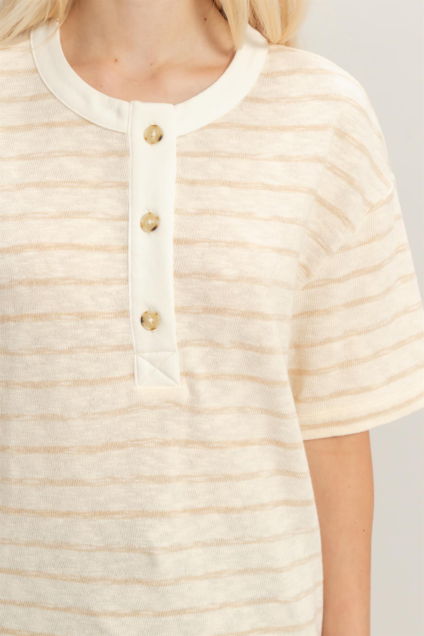 Wholesale Striped Short Sleeve Henley Top Clothing Tops DZ26A653 TAUPE DOUBLE ZERO