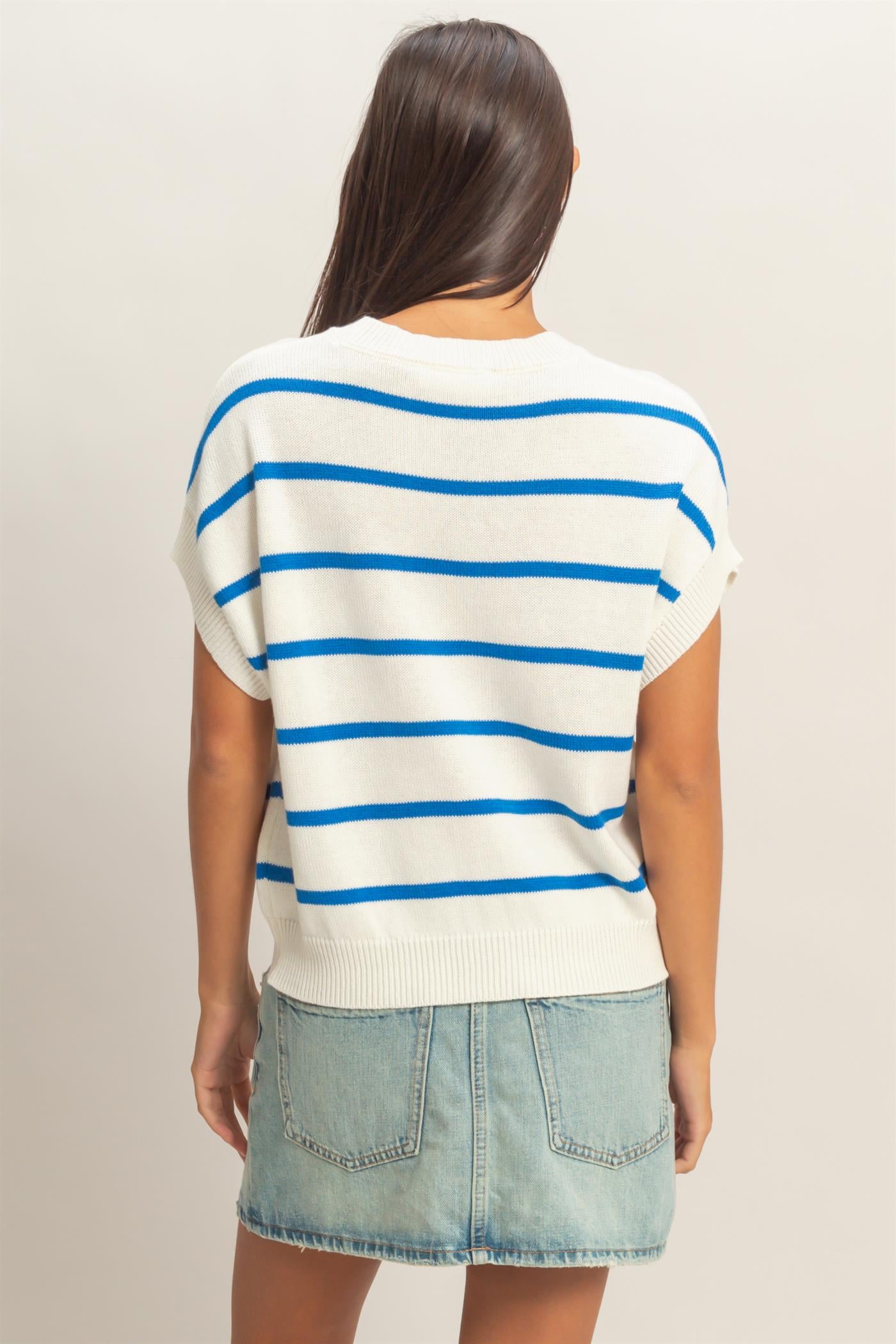 Wholesale Striped Crew Neck Knit Top Clothing Tops DZ26A740 BLUE DOUBLE ZERO