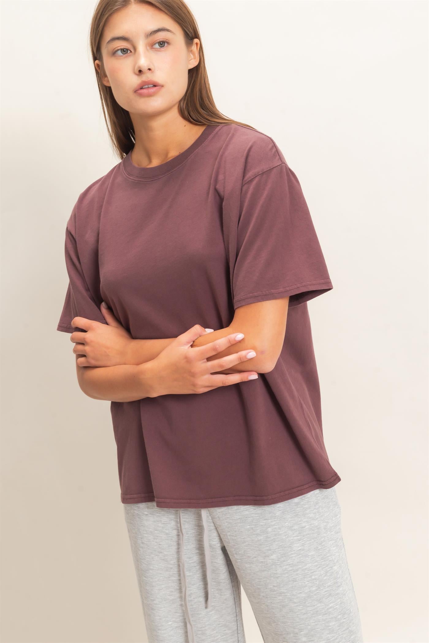 Wholesale Crew Neck Pigment Dye T-Shirt Clothing Tops DZ26E448 COCOA DOUBLE ZERO