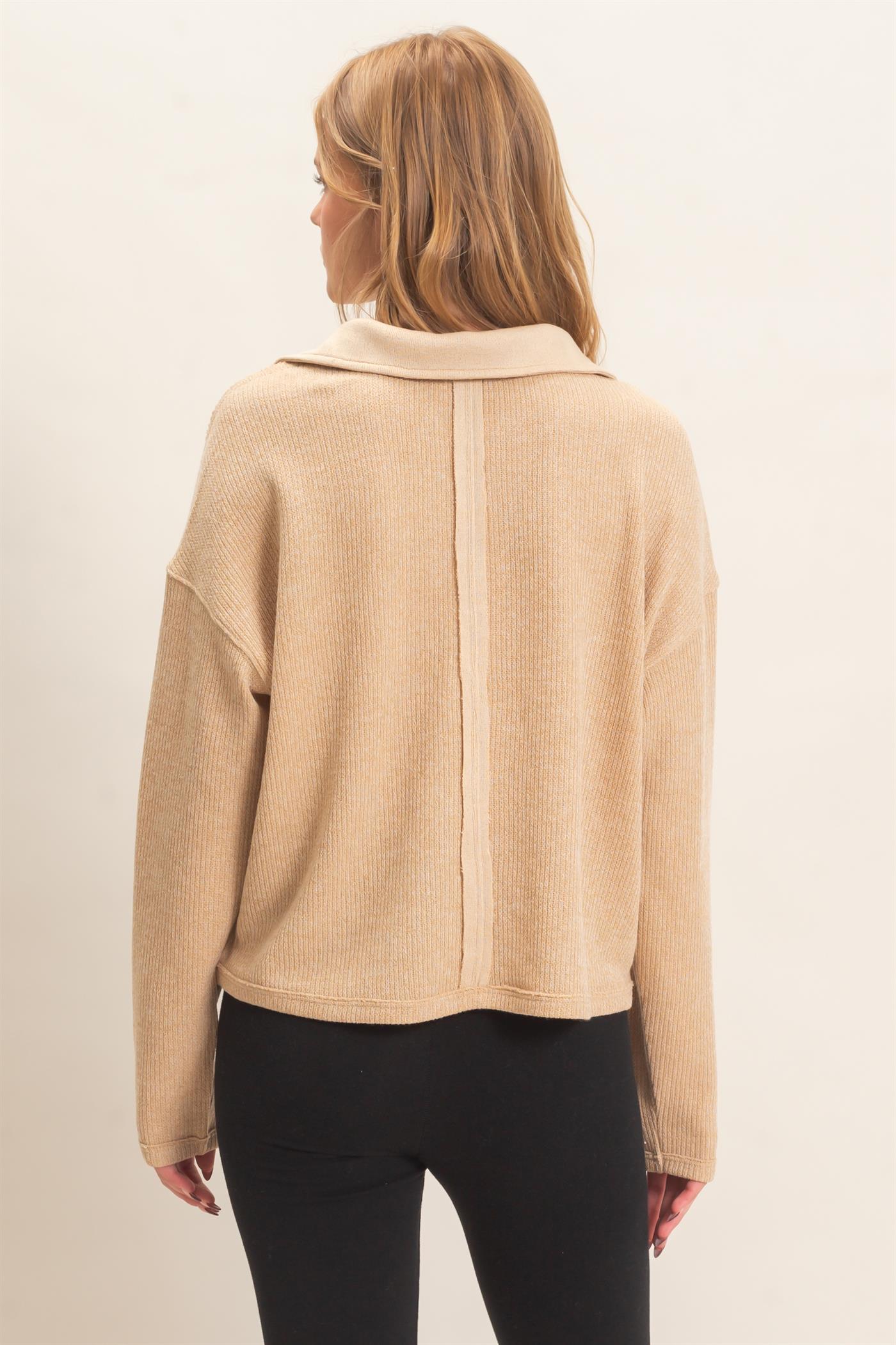 Wholesale Ribbed Collared Pullover Top Clothing Tops HF26E472 CAMEL HYFVE