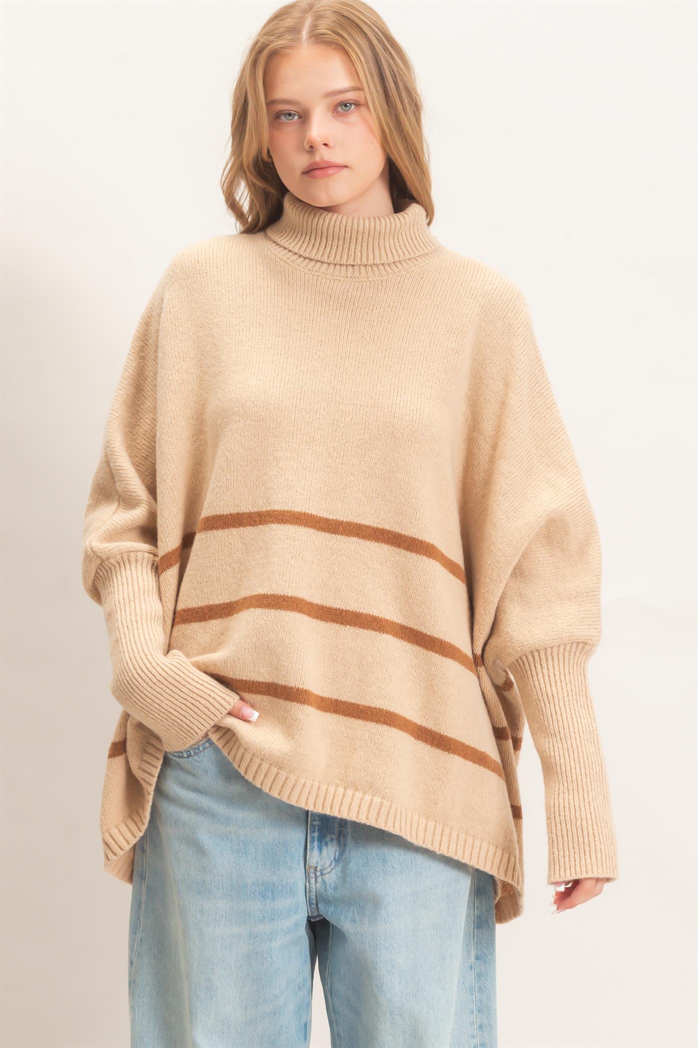Wholesale Striped Turtleneck Poncho Sweater Sweaters HF26F194 L.TAUPE HYFVE