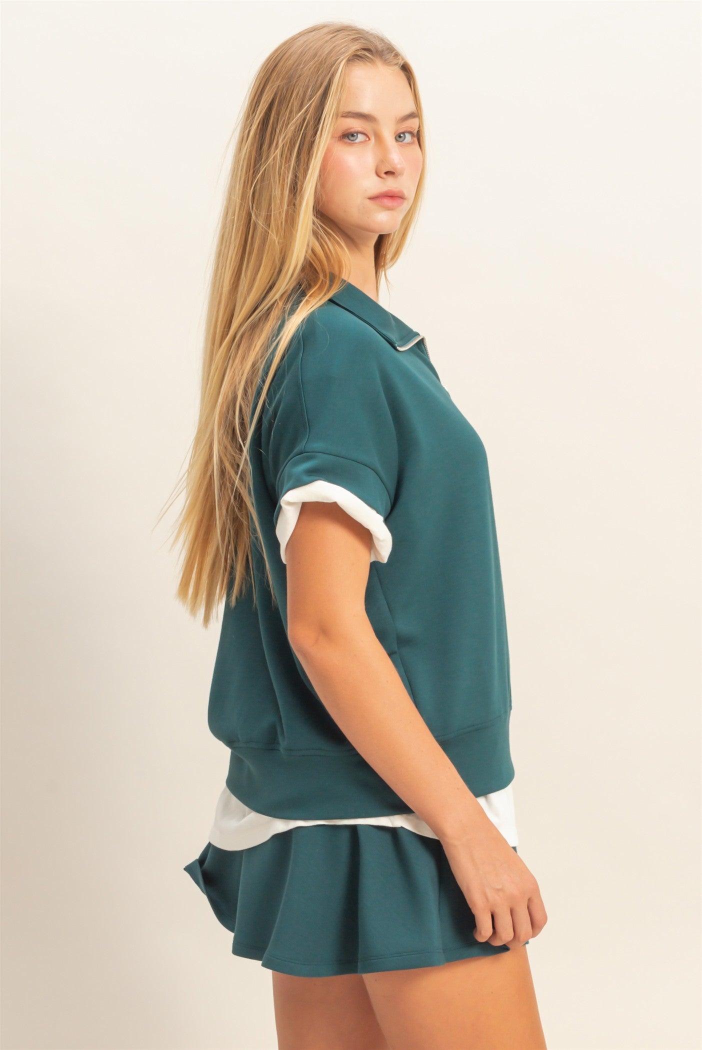 Wholesale Short Sleeve High Neck Half-Zip Top Clothing Tops DZ26C735 DEEP GREEN DOUBLE ZERO