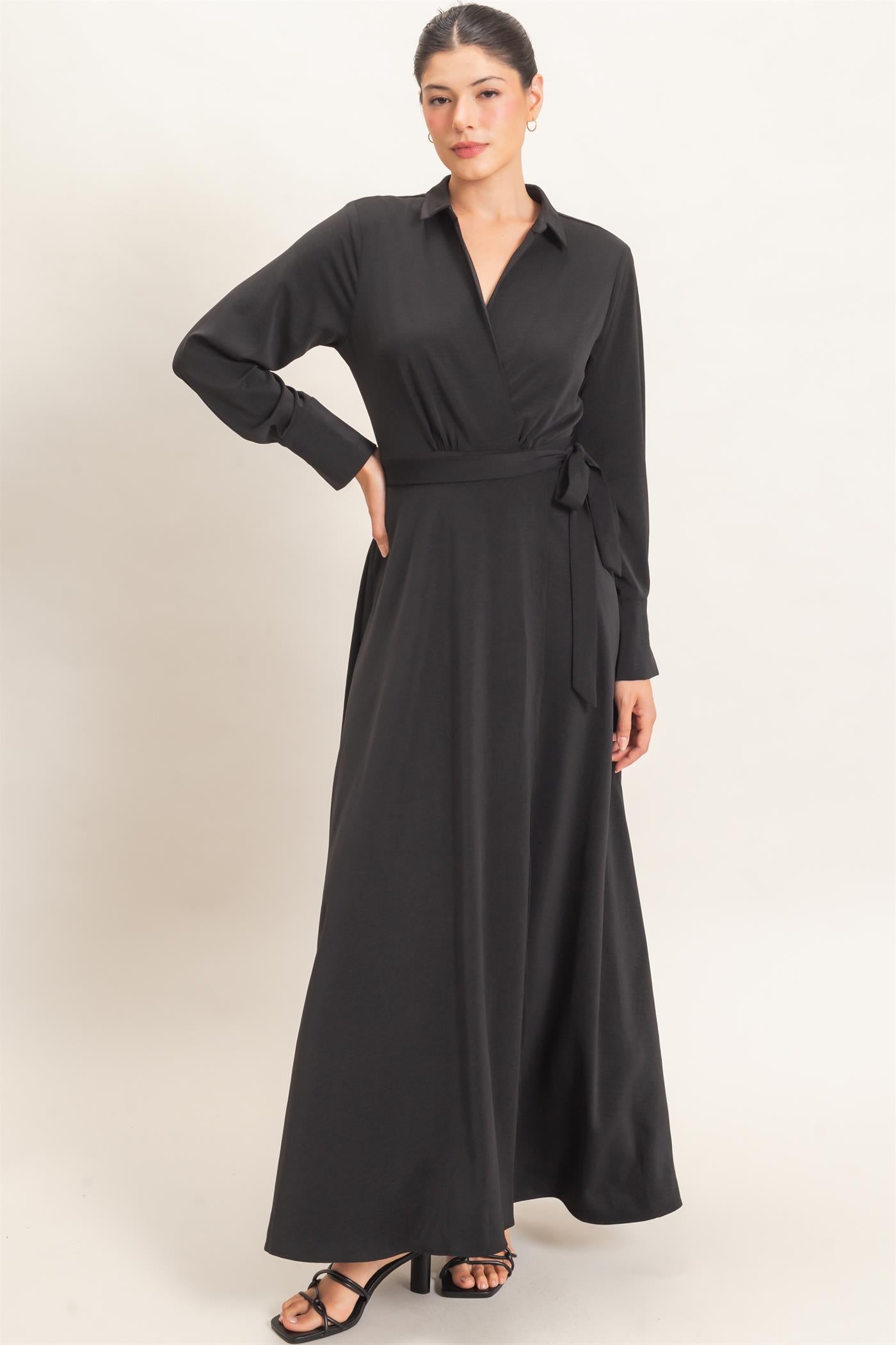 Wholesale Collared Wrap Shirt Dress Dresses HF25E869 BLACK HYFVE