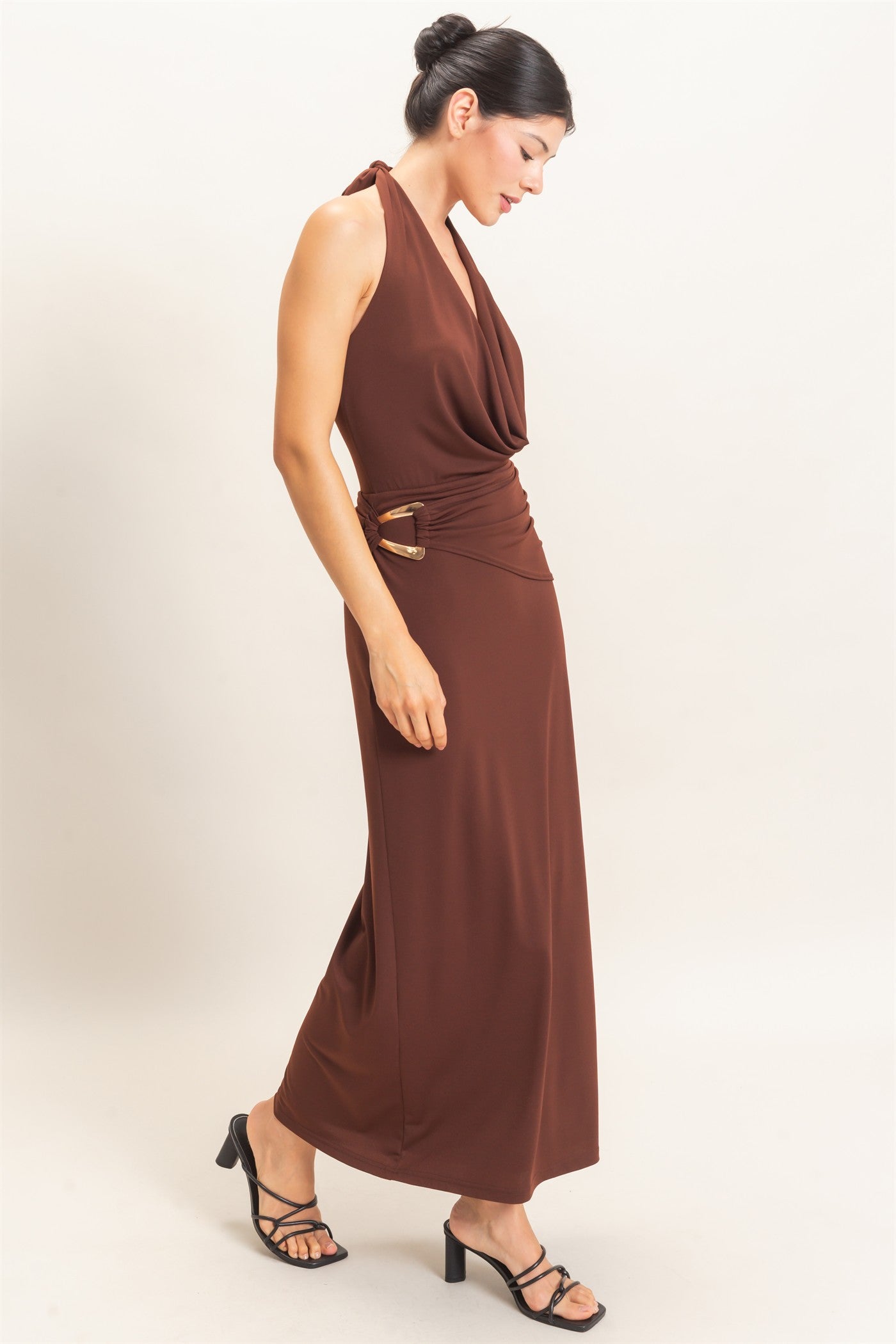 Wholesale Draped Halter Neck Dress Dresses HF26C663 CHOCOLATE HYFVE