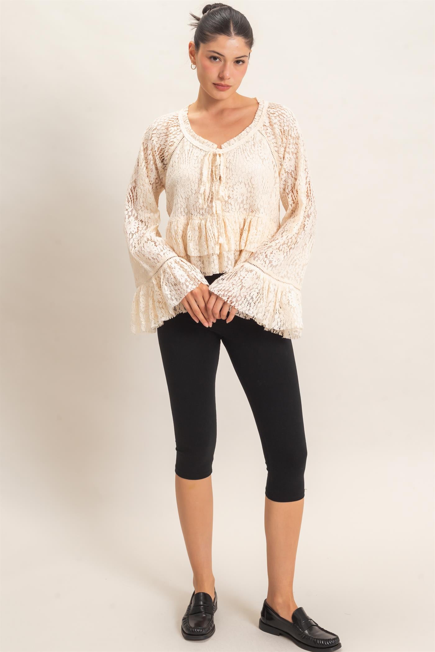 Wholesale Lace Bell Sleeve Top Blouses HF26C768 CREAM HYFVE