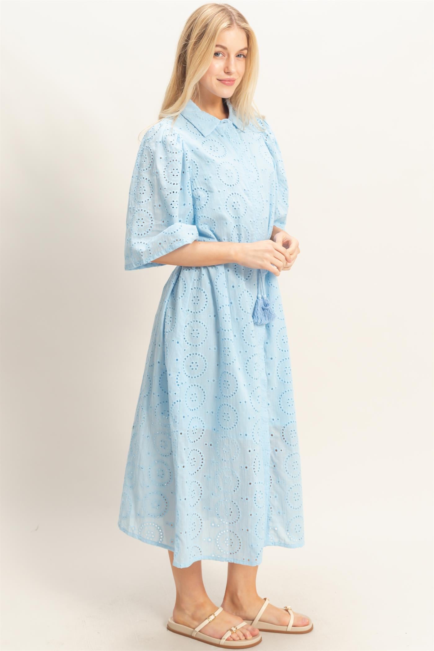 Wholesale Eyelet Collared Midi Dress Dresses HF26A021 L.BLUE HYFVE