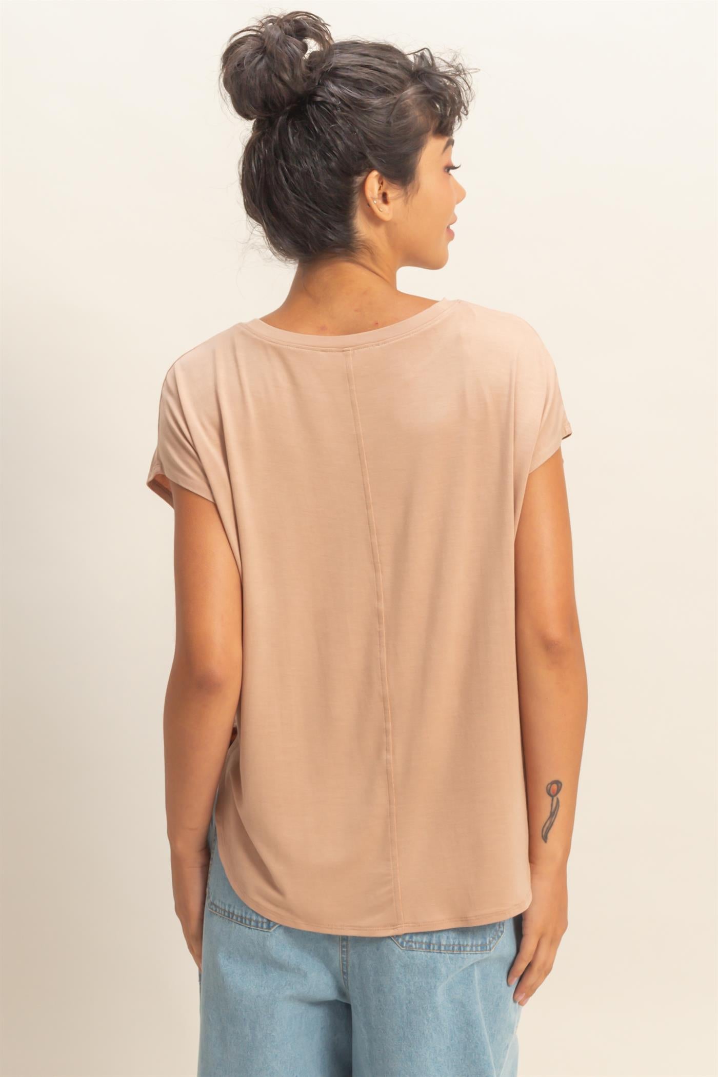 Wholesale Relaxed Dolman Short Sleeve  Round Neck Top Shirts DZ26A270 DARK TAUPE DOUBLE ZERO