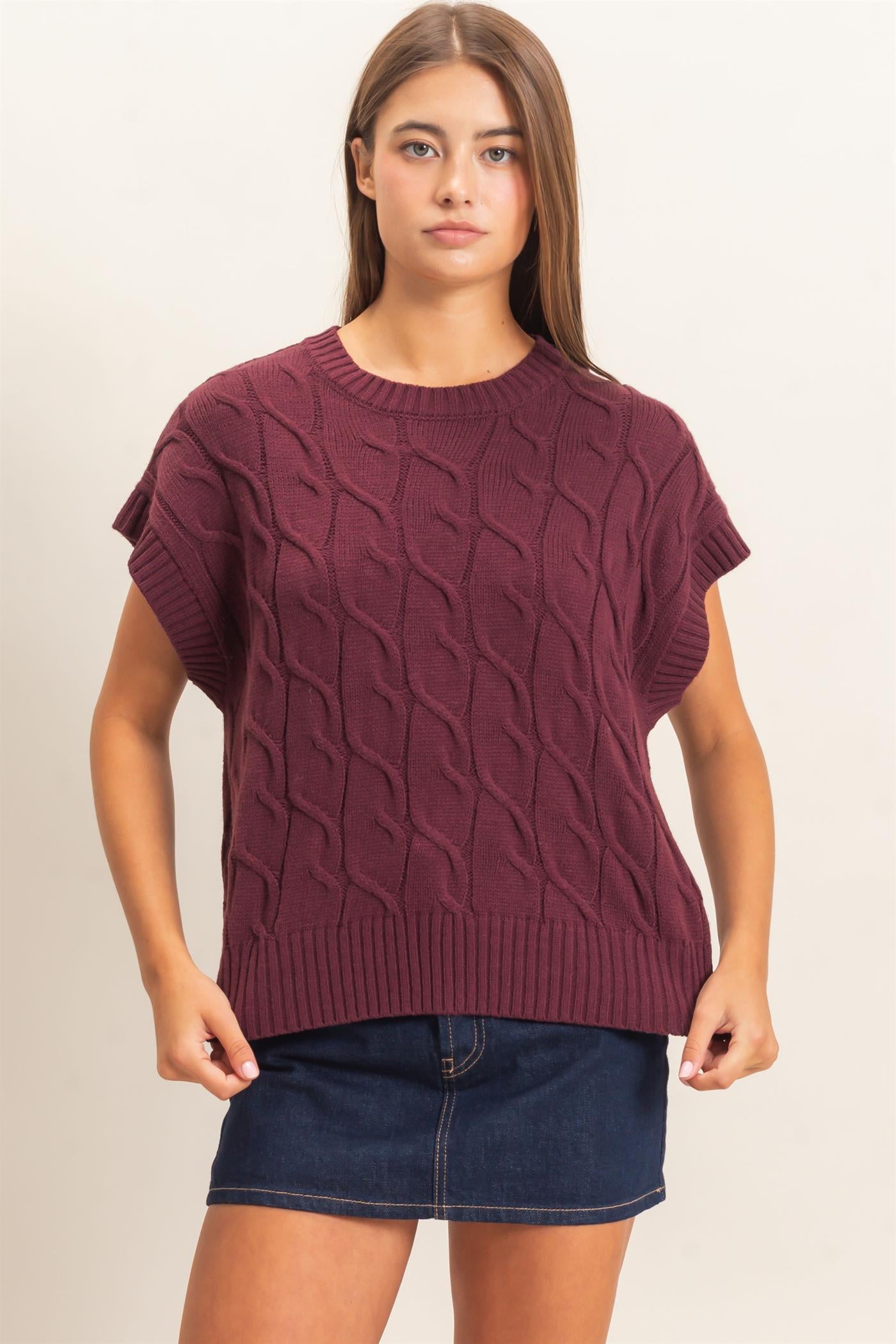 Wholesale Cable Knit Cap Sleeve Sweater Sweaters DZ26C974 DARK CHERRY DOUBLE ZERO