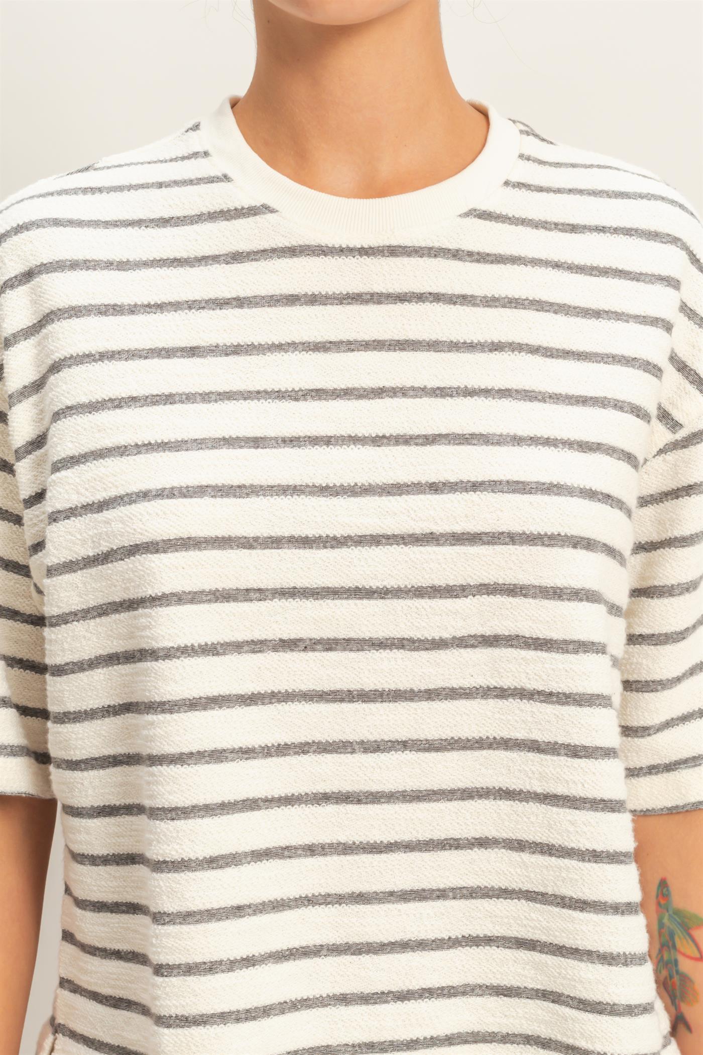 Wholesale Striped Short Sleeve Terry Crew Neck Top Clothing Tops DZ26A887 BLACK DOUBLE ZERO