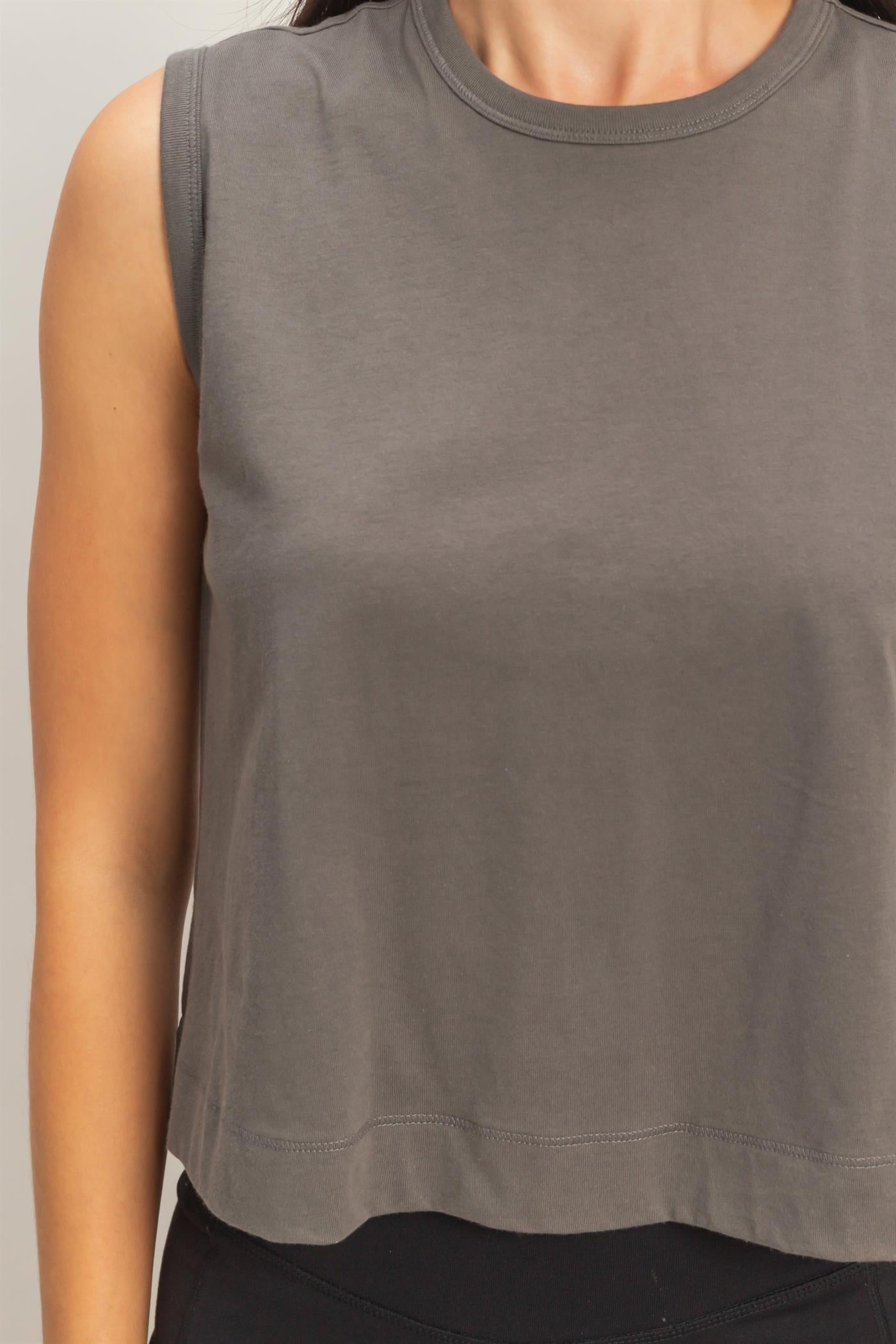 Wholesale Sleeveless Crew Neck Top With Back Pleats Clothing Tops DZ26A999 CHARCOAL DOUBLE ZERO