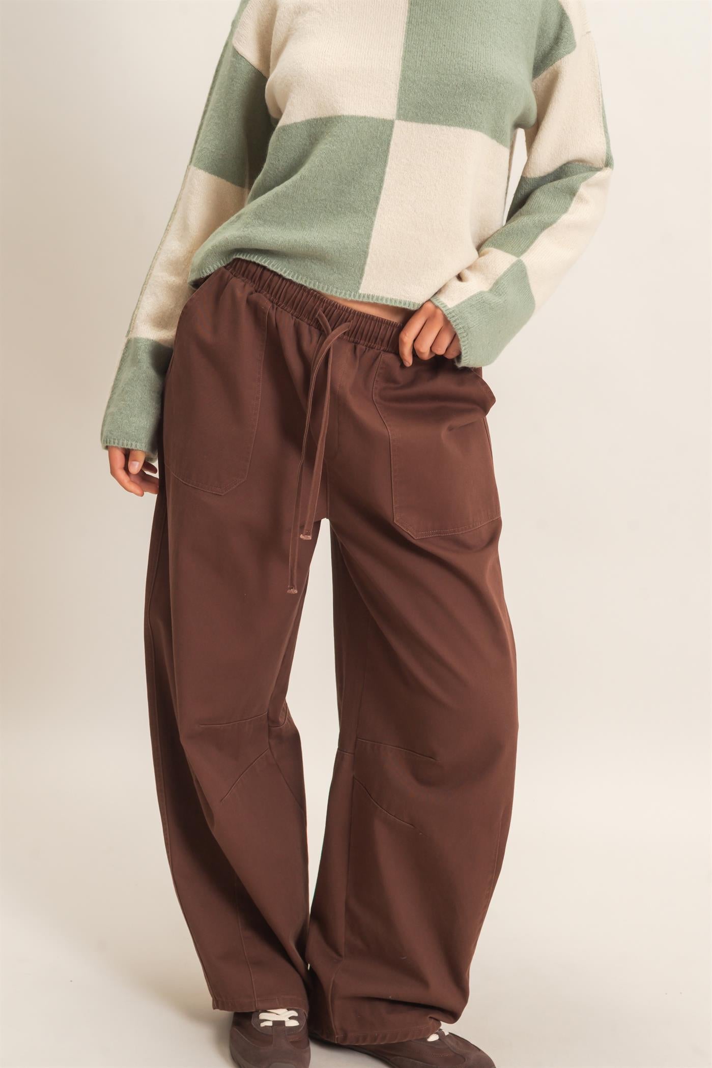 Wholesale Twill Elastic Waist Barrel Pants Pants DZ27A228 DARK BROWN DOUBLE ZERO