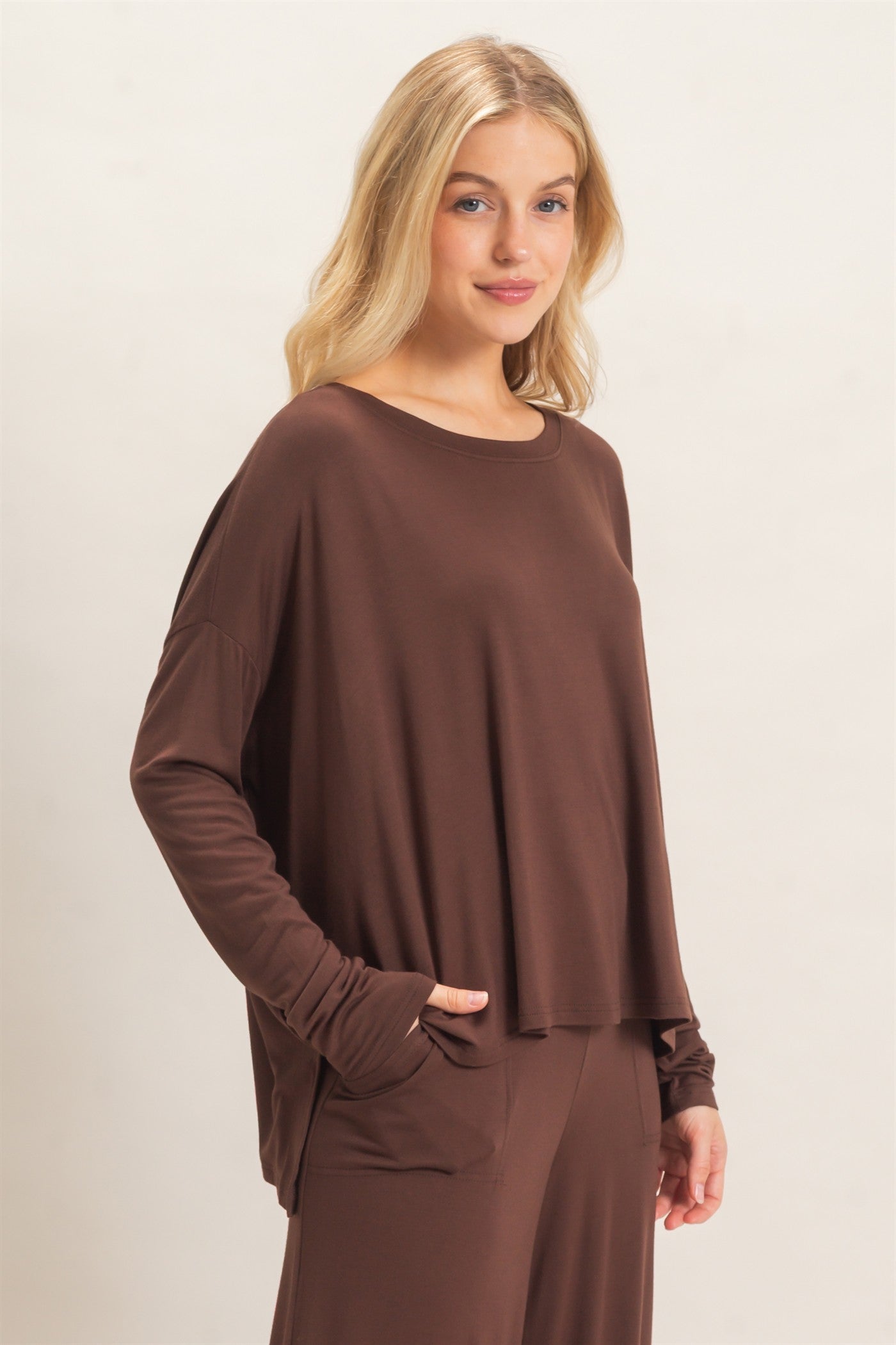 Wholesale Boat Neck Boxy Top Clothing Tops HF26F298 ESPRESSO HYFVE