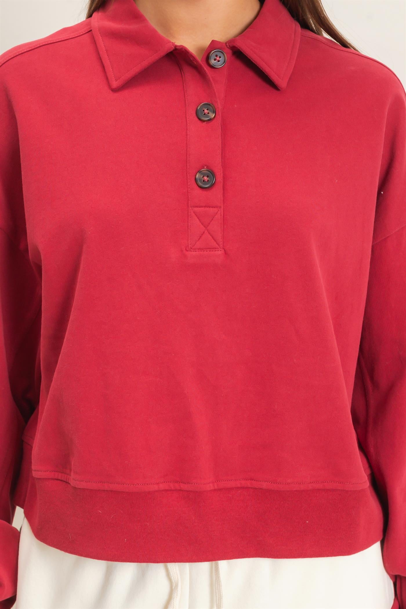 Wholesale Washed Button-Front Collared Sweatshirt Sweatshirts DZ26E390 DARK RED DOUBLE ZERO