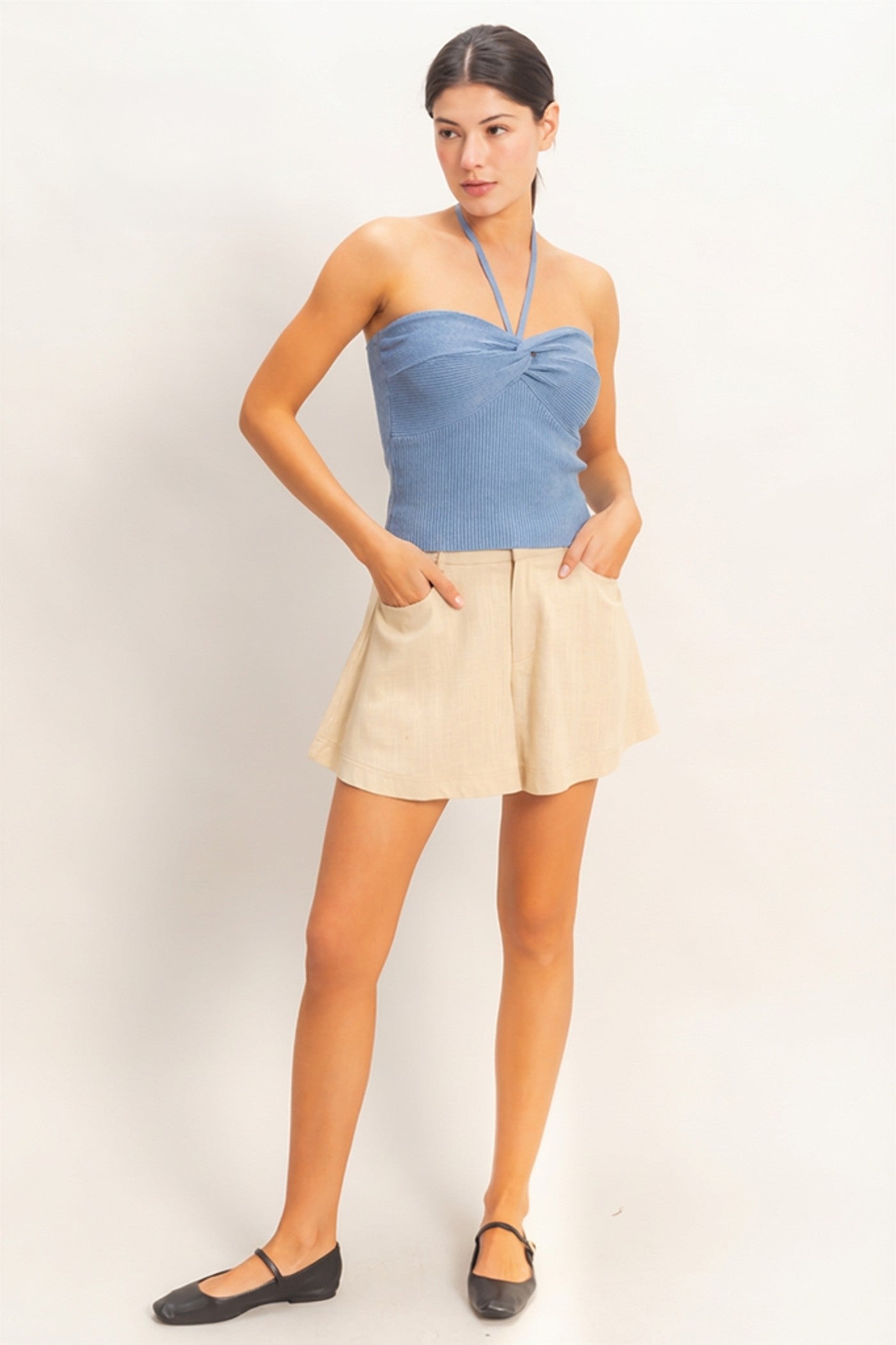 Wholesale Ribbed Halter Top With Twist Clothing Tops HF26A299 L.BLUE HYFVE