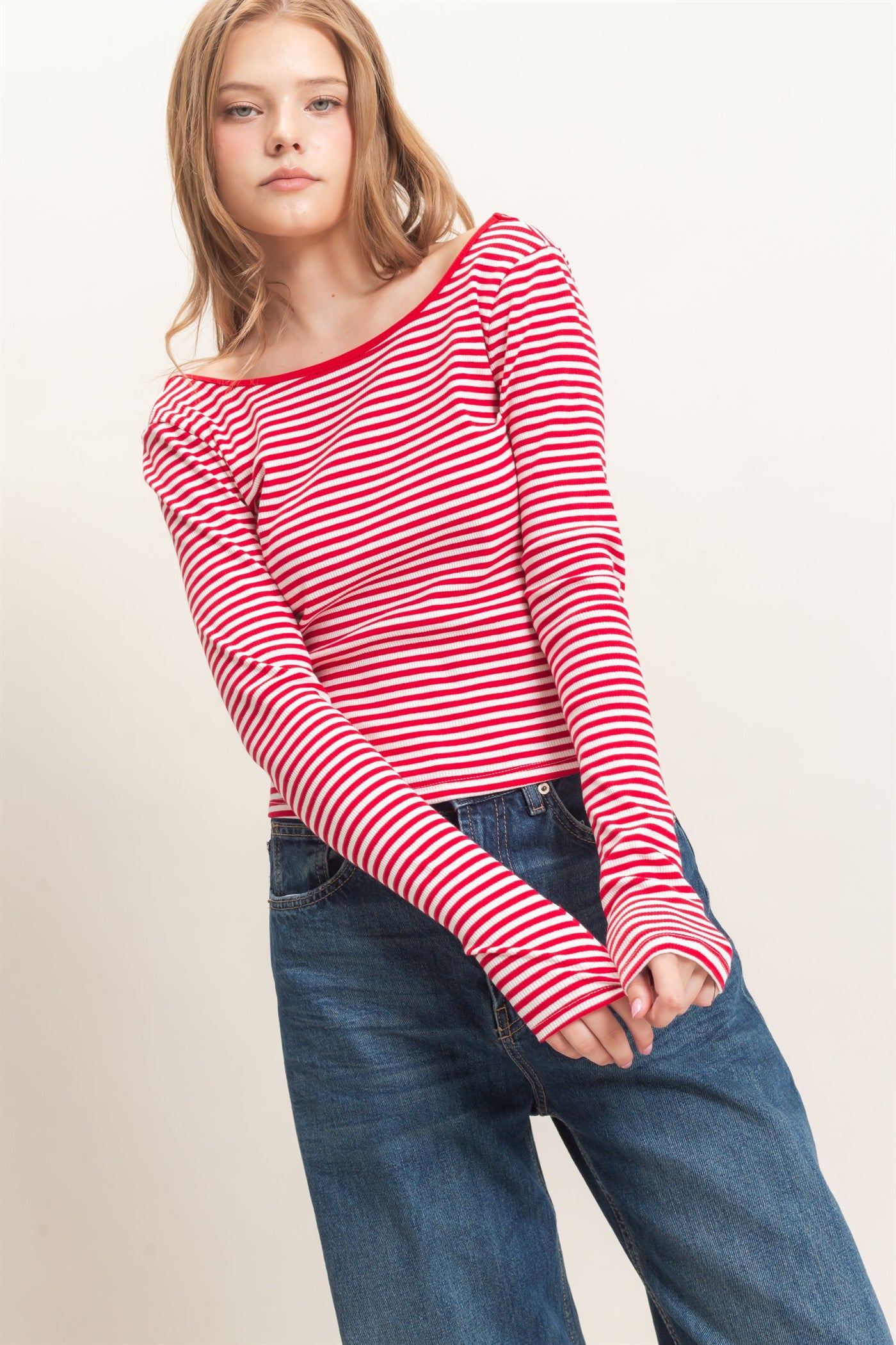 Wholesale Striped Boat Neck Long Sleeve Top Clothing Tops HF26F080 RED/WHITE HYFVE