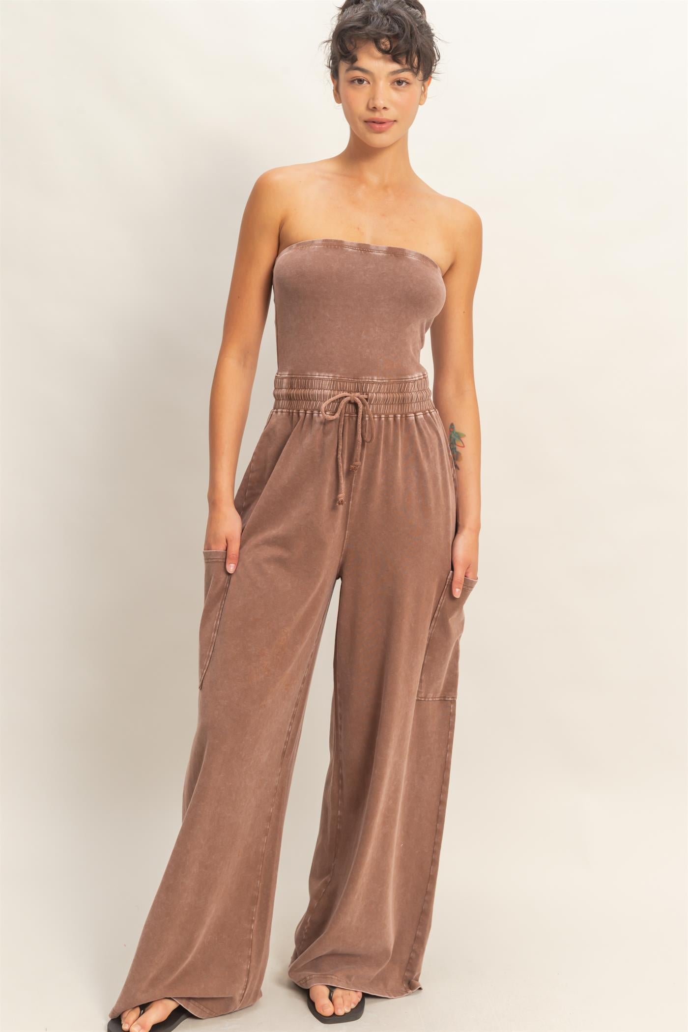 Wholesale Mineral Wash Strapless Wide-Leg Jumpsuit Clothing DZ26C376 CHOCOLATE DOUBLE ZERO