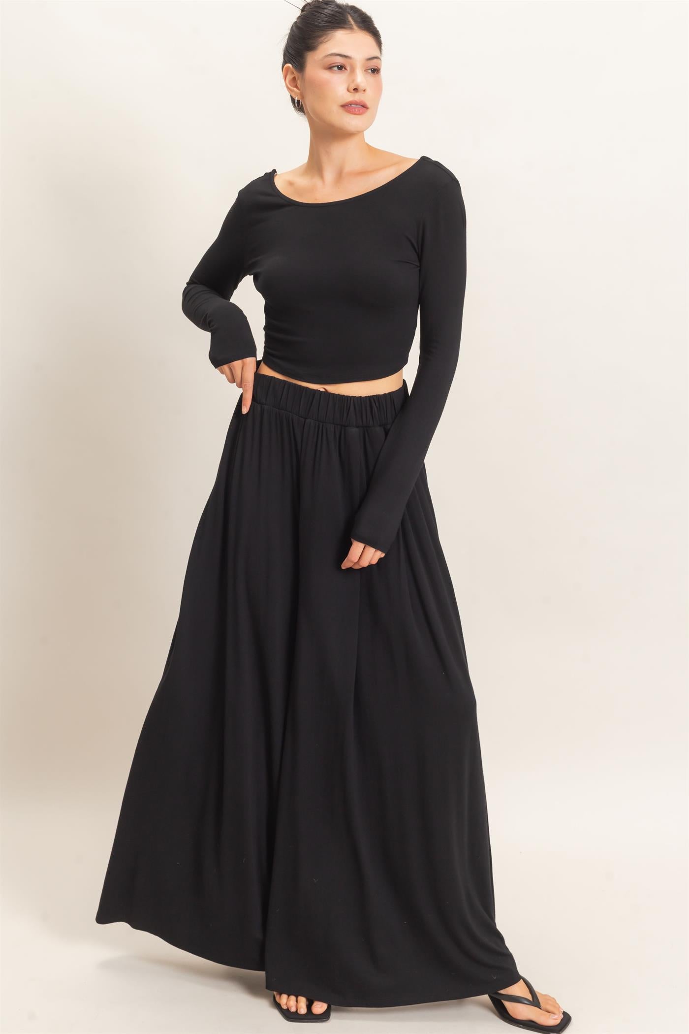 Wholesale Long Sleeve Top & Wide Leg Pants Set Clothing HF26F227-SET-D BLACK HYFVE