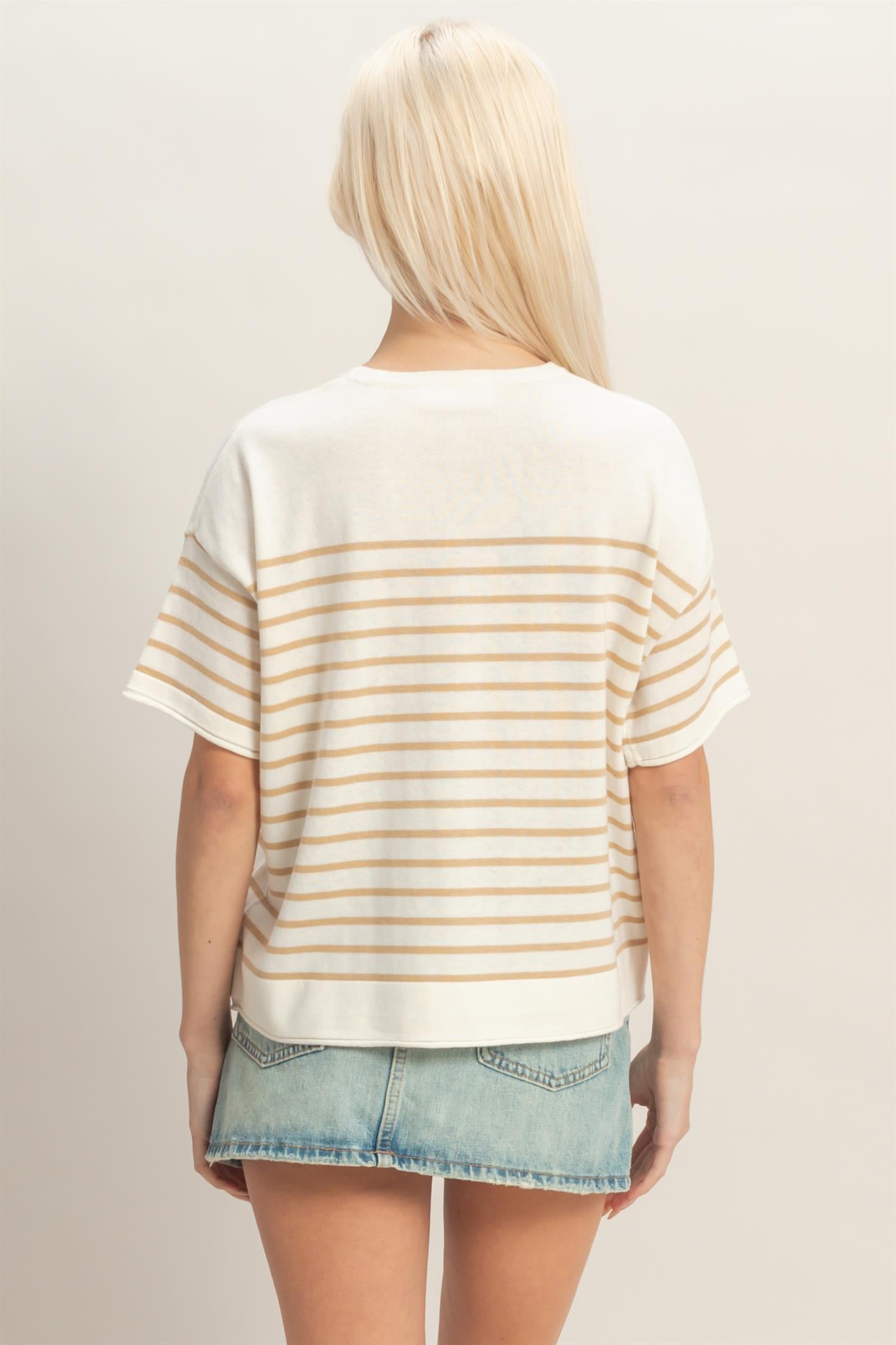 Wholesale Striped Short Sleeve Knit Top Clothing Tops DZ26A838 TAUPE DOUBLE ZERO