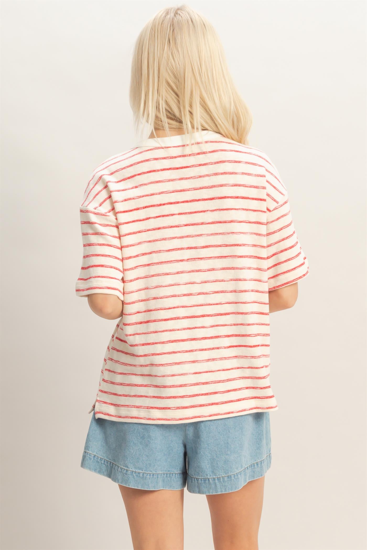 Wholesale Striped Short Sleeve Henley Top Clothing Tops DZ26A653 RED DOUBLE ZERO