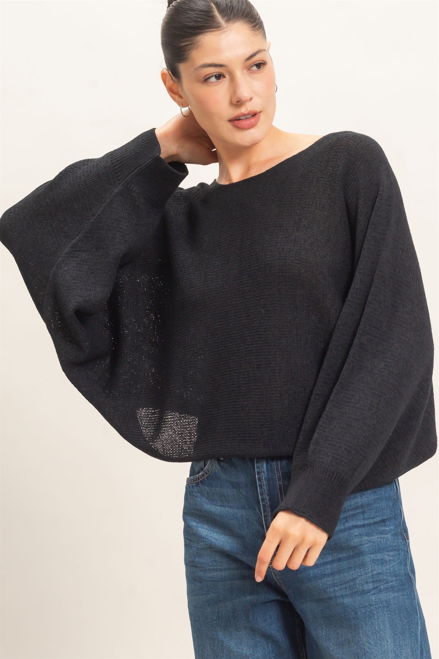 Wholesale Loose Knit Boat Neck Sweater Sweaters HF26E896 BLACK HYFVE