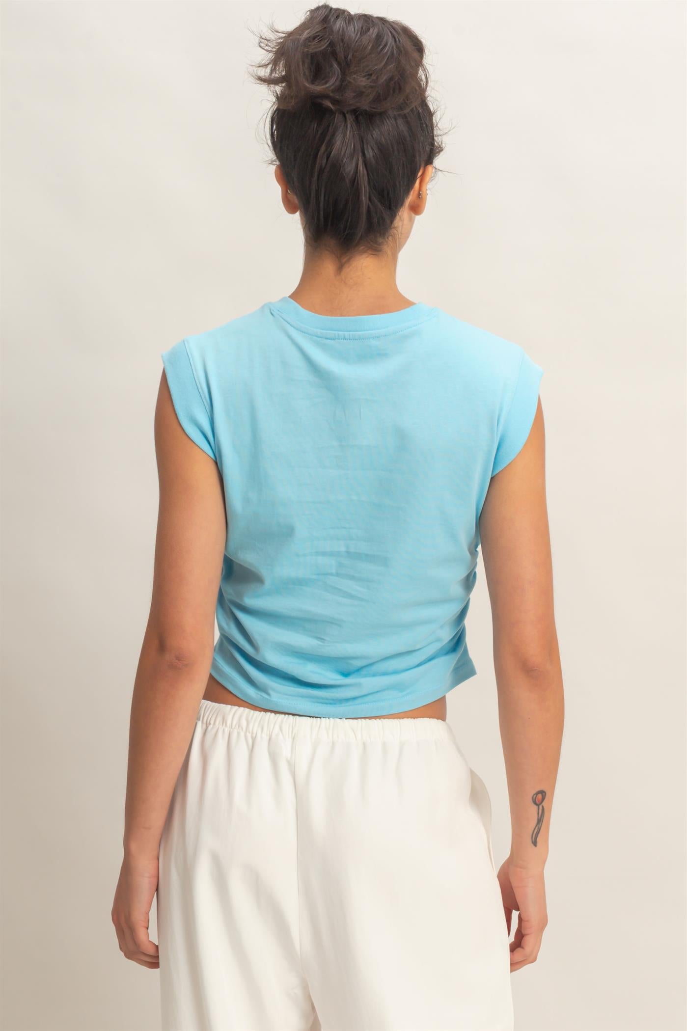 Wholesale Ruched Waist Sleeveless Cotton Top Clothing Tops DZ26C520 BLUE DOUBLE ZERO