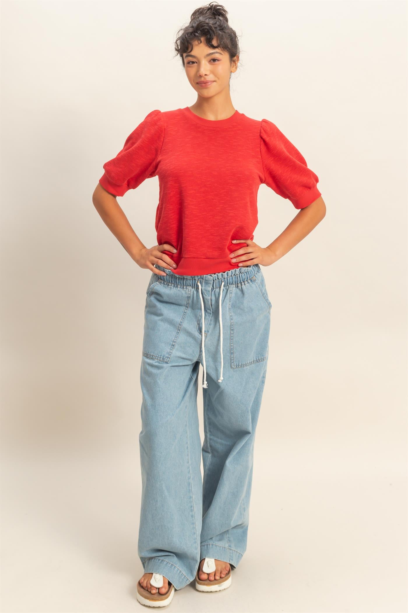 Wholesale Puff Short Sleeve Crew Neck Top Clothing Tops DZ26A927 RED DOUBLE ZERO