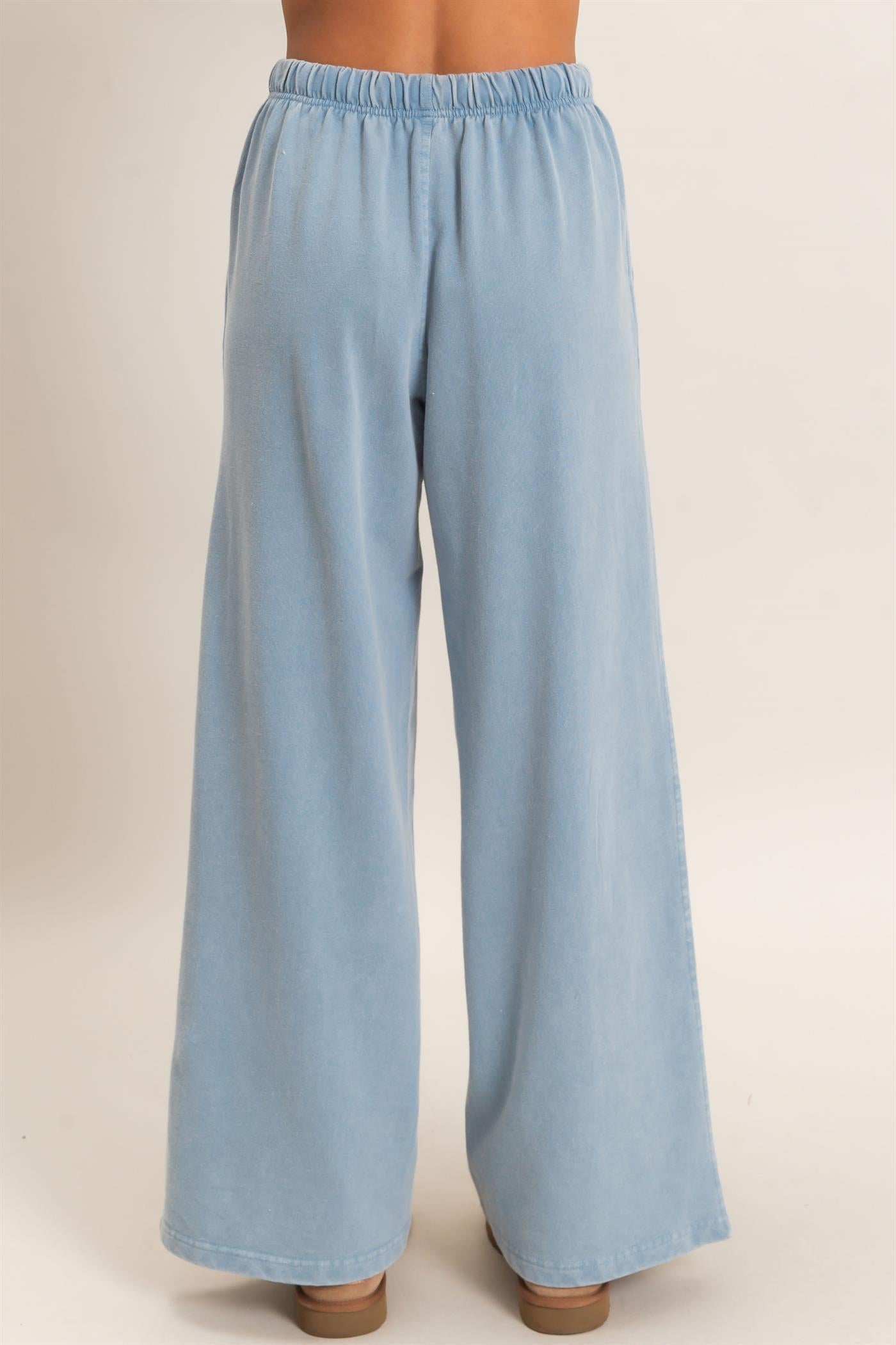 Wholesale Acid Wash Drawstring Waist Wide Leg Pants Pants DZ25A685 DUSTY BLUE DOUBLE ZERO