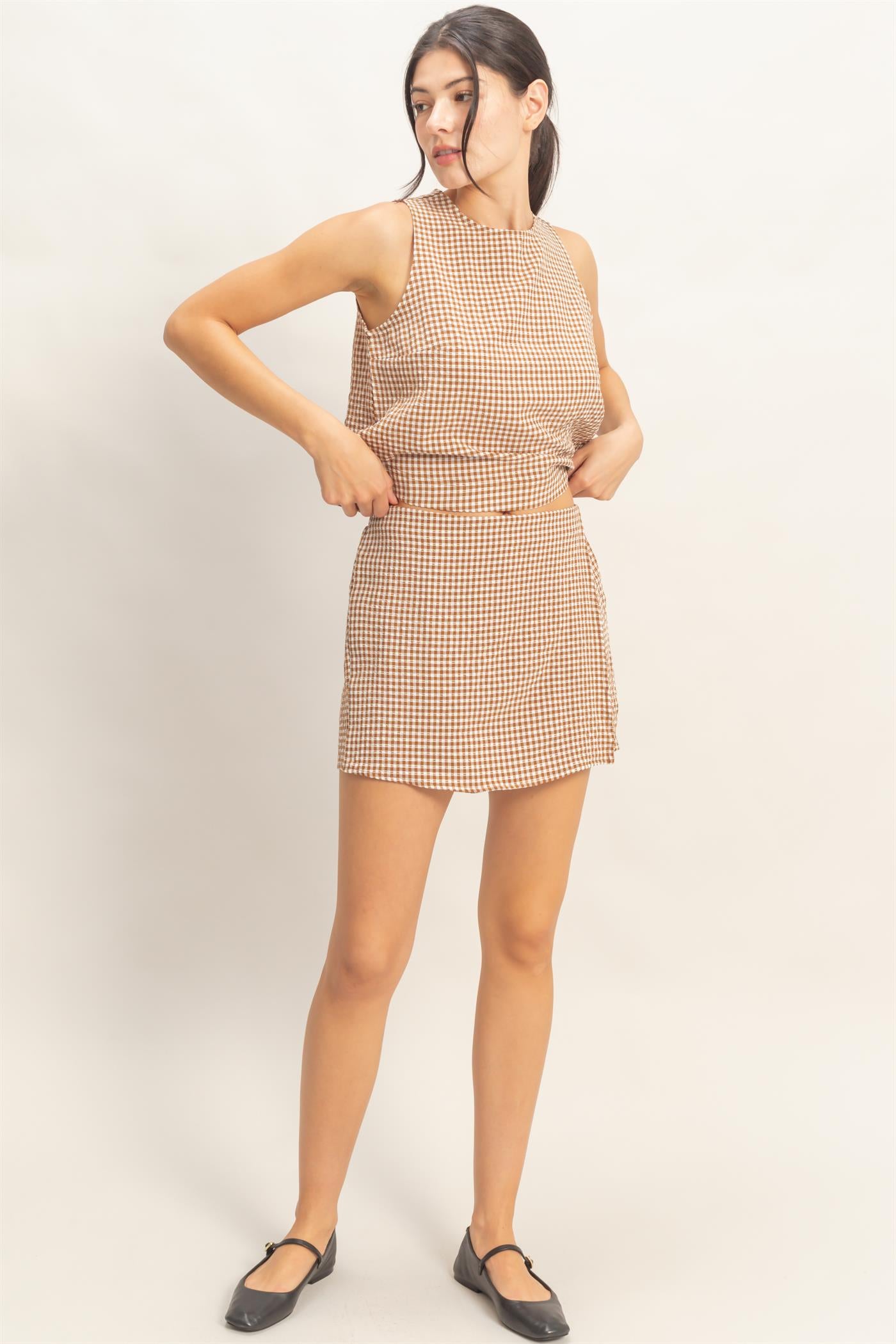 Wholesale Gingham Checkered Sleeveless Top And Skort Set Clothing DZ26C688-SET BROWN DOUBLE ZERO