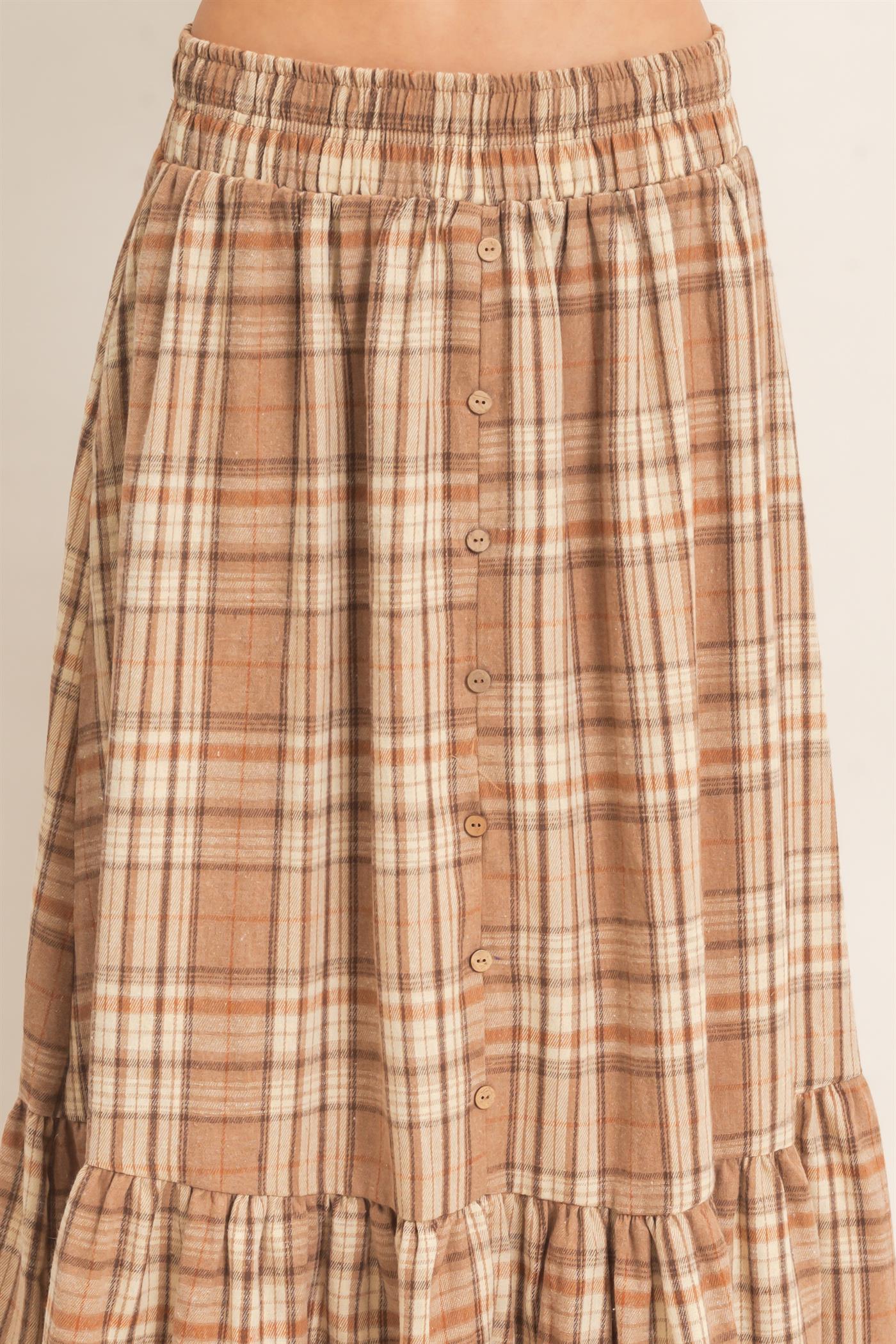 Wholesale Plaid Tiered Ruffle Skirt Skirts HF26E173 MOCHA HYFVE