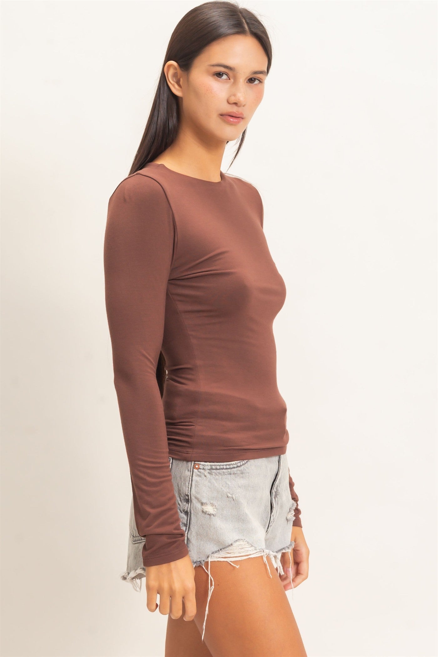 Wholesale Crew Neck Long Sleeve Top Clothing Tops DZ26E978 DARK BROWN DOUBLE ZERO