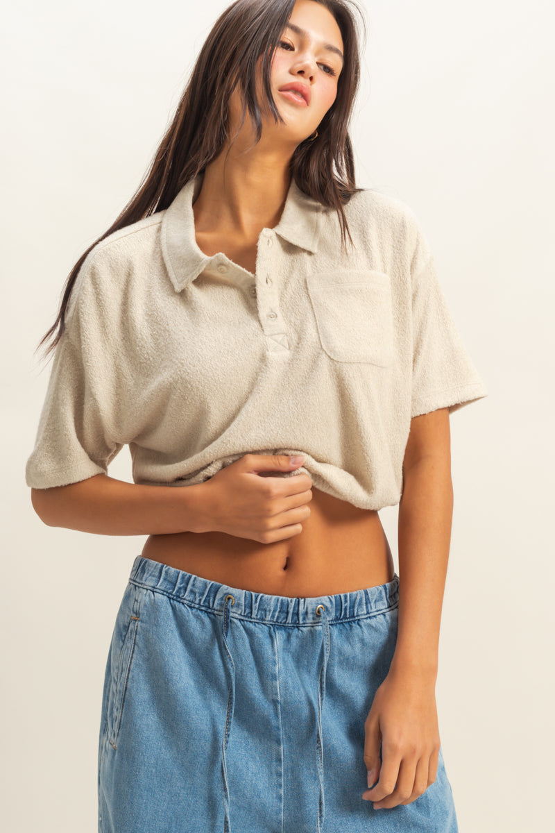 Wholesale Collared Short Sleeve Crop Top Clothing Tops DZ22A477 KHAKI DOUBLE ZERO
